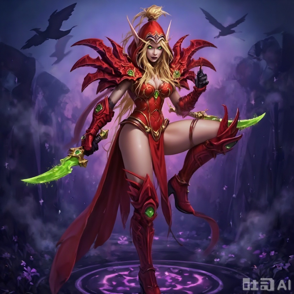 Valeera Sanguinar stands poised in a mystical realm of deep violet and swirling mist, her form illuminated by the glow of her radiant crimson armor and gleaming green blades. Her long golden hair flows freely beside her face, complementing the determined gleam in her golden eyes. She wears her iconic attire—a detailed red breastplate adorned with metallic silver patterns, matching armored gauntlets, and a flowing scarlet cloak embroidered with intricate silver filigree that billows behind her. In her hands, she holds twin curved blades shimmering with vivid green energy, highlighting her readiness for battle.

Her dynamic stance features one leg lifted, knee bent, as if caught in a moment of agile motion. The environment enhances her dramatic presence: shadowy birds circle in the hazy background, and beneath her feet, the ground glows with soft purple luminescent patterns, adding to the otherworldly atmosphere. Every element—from the detailed armor and glowing weapons to the ethereal setting—embodies Valeera's role as a formidable yet elegant rogue from the Warcraft universe, uniting strength, beauty, and mystery in one captivating scene.
