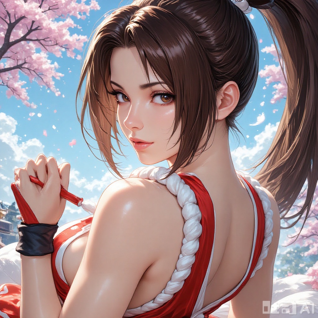 Mai Shiranui in classic outfit stands sideways with her head turned toward the viewer, holding a red object in her hand. Her hair is styled in a high ponytail, flowing in the wind. She wears a red and white outfit with white woven details on the shoulders and an open-back design. The background features a blue sky with white clouds, pink cherry blossoms, and distant architectural outlines, creating an elegant classical atmosphere.