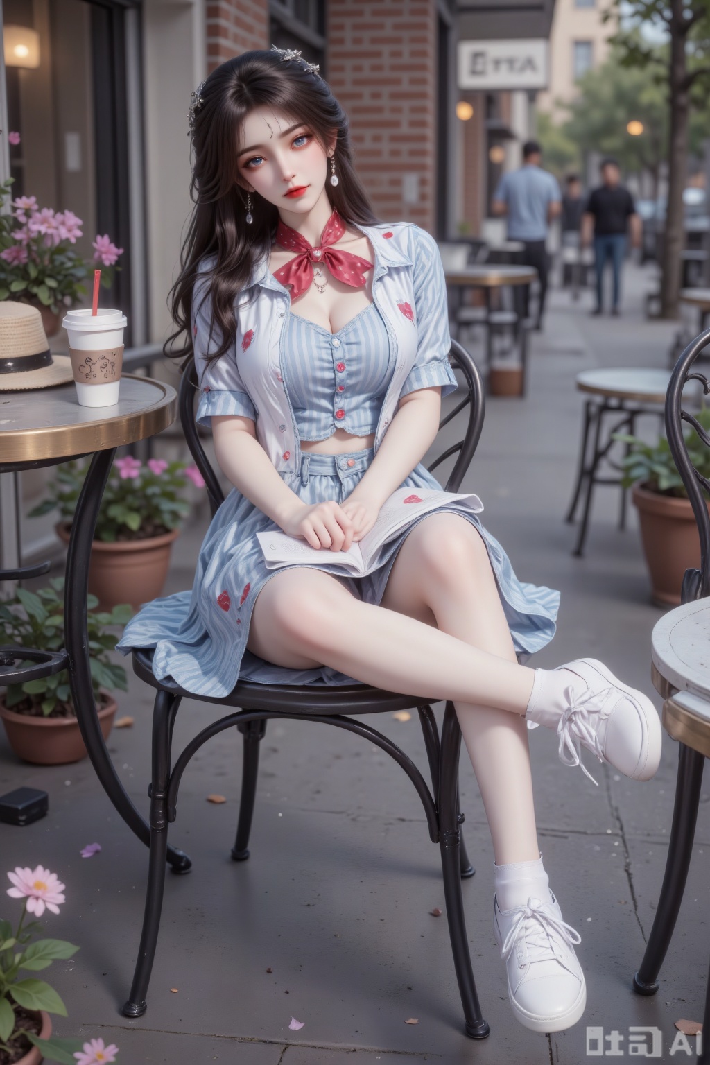 "Ultra-detailed hyper-realistic aesthetic full-body illustration, a young woman with casual elegance sitting on a café patio at afternoon. Showing her complete figure from head to toe, she sits sideways on a wrought iron chair with one leg crossed over the other, her posture relaxed yet poised, showcasing the full length of her body and the way her clothing falls when seated. She has dark brown curly hair (loose and voluminous, falling past her shoulders to her mid-back, with a few strands tucked behind one ear, creating soft volume around her face).​
Wearing a light blue gingham sundress (knee-length with a fit-and-flare silhouette, short puffed sleeves, Peter Pan collar, small buttons down the front), a white cropped denim jacket (distressed edges, rolled-up sleeves, worn open), a red silk scarf (tied loosely around her neck with ends hanging down the front), white ankle socks (with tiny polka dots), and white canvas sneakers (with red laces and small heart patches on the sides).​
Her makeup is fresh and youthful, matching the casual café vibe. The luminous base makeup has a healthy radiance; the eyelids are covered with soft blue eyeshadow, blended with white at the inner corners; the eyelashes are long and fluttery, coated with brown mascara; the eyebrows are shaped with natural curves, filled with taupe pencil. The cheeks are dusted with rose blush, and the lips are painted with cherry lip gloss, adding a pop of color.​
Hairstyle: The dark brown curls frame her face and cascade down her back, adding soft volume to her upper body, the tucked strand revealing her ear and highlighting her relaxed expression, complementing her seated full-body posture.​
Full Body Attire Details: The gingham dress fits closely through the torso then flares gently to the knees, showing her seated legs and the way the fabric bunches slightly at the hips; the denim jacket adds structure to her upper body without hiding the dress pattern; her crossed legs showcase the full length of the dress and her sneakers. Her hands rest lightly on her lap, completing the balanced full-body composition.​
Accessories: Silver hoop earrings, a dainty silver necklace with a tiny coffee cup charm, a straw hat (with a red ribbon) placed on the table beside her, a book propped on her lap, a cup of iced coffee with a straw in front of her on the patio table.​
Her entire figure is bathed in warm afternoon sunlight, highlighting the details of her outfit and her relaxed seated posture. The background features a charming café patio: wrought iron tables and chairs, potted flowers on the edge, a brick building with large windows, and people walking by on the sidewalk. The air carries the scent of freshly brewed coffee and pastries. Sounds of clinking cups, distant chatter, and a street musician playing guitar create a lively atmosphere. Afternoon sunlight casts soft shadows around her full body, highlighting the gingham pattern and creating a cozy, inviting ambiance."
