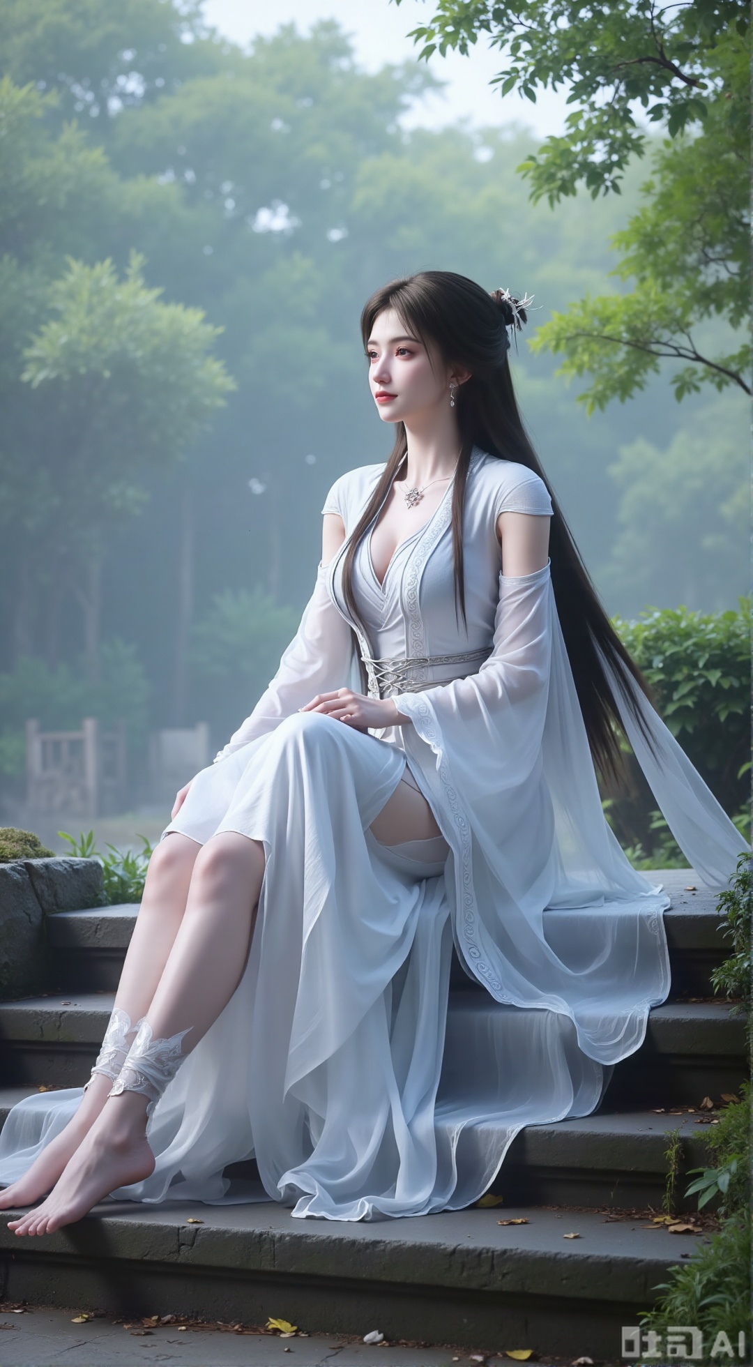  (masterpiece, best quality:1.2),The image shows a young woman sitting on a stone staircase in a foggy forest. She is wearing a long, flowing dress with a high neckline and long sleeves. Her legs are crossed at the ankles and her feet are bare. She has a pair of white feather bracelets tied around her ankles. The woman has long hair styled in a bun and is looking off to the side with a peaceful expression on her face. The background is filled with trees and fog, creating a mysterious and ethereal atmosphere. The overall mood of the image is peaceful and serene.,(huge breasts:2.99),(full breasts:2.99),XXbaifengsongyuYH,Xbigbreasts,Xyueling,Xyueling2,Xyuxin,Xyuxinxianzi