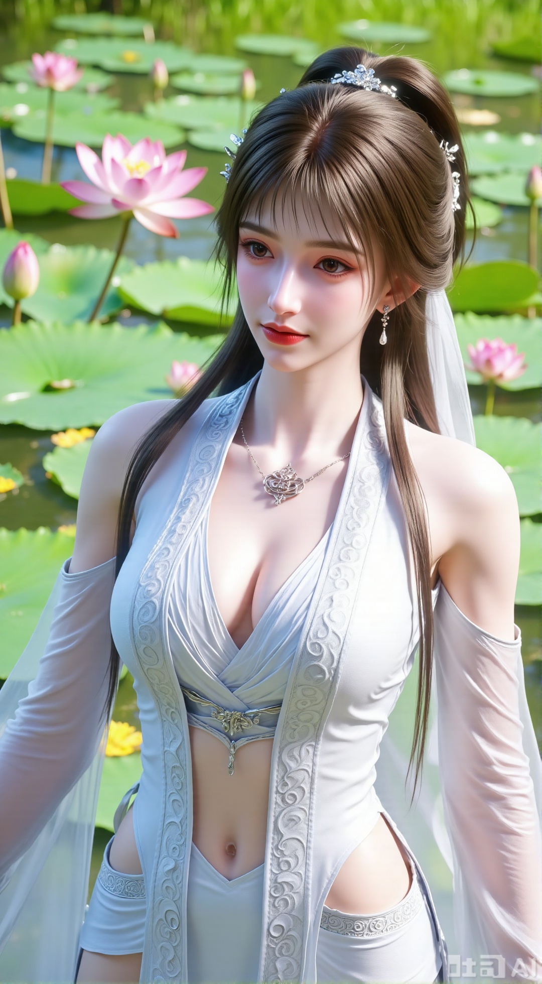  (masterpiece, best quality:1.2),1girl, navel, solo, midriff, bare shoulders, hair ornament,(long hair),(High double ponytail:1.49), red lips, BREAK, (looking at viewer:1.39), chinese clothes,(Holographic long dress:1.36), (lace,Rainbow Gradient Color:1.28), BREAK,blurry, solo focus, long hair, lips, daytime, lipstick, outdoors, standing,upper body,(huge breasts:2.89), background, solo, makeup,(Liquid glass style flowers:1.49),(huge breasts:2.99),(full breasts:2.99),,(Background with lotus pond and pink lotus flowers:1.39),XXbaifengsongyuYH,Xbigbreasts,Xyueling,Xyueling2,Xyuxin,Xyuxinxianzi