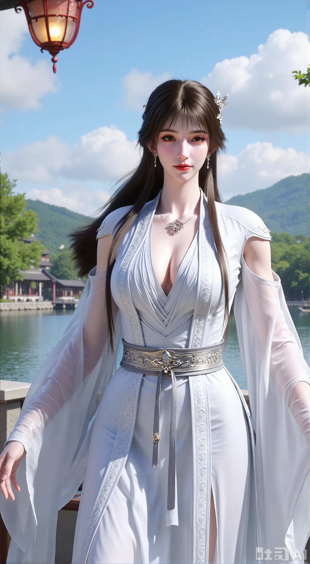 (masterpiece, best quality:1.2),1 girl, solo, long hair, black hair, hair accessories, clothing, cleavage cuts, long dress, jewelry, upper body, earrings. Background is outdoor, sky, clouds, water, trees, architecture, landscape, lantern, mountain, dragon, architecture, bridge, east Asian architecture, fog, pagoda,,(huge breasts:2.99),(full breasts:2.99),XXbaifengsongyuYH,Xbigbreasts,Xyueling,Xyueling2,Xyuxin,Xyuxinxianzi