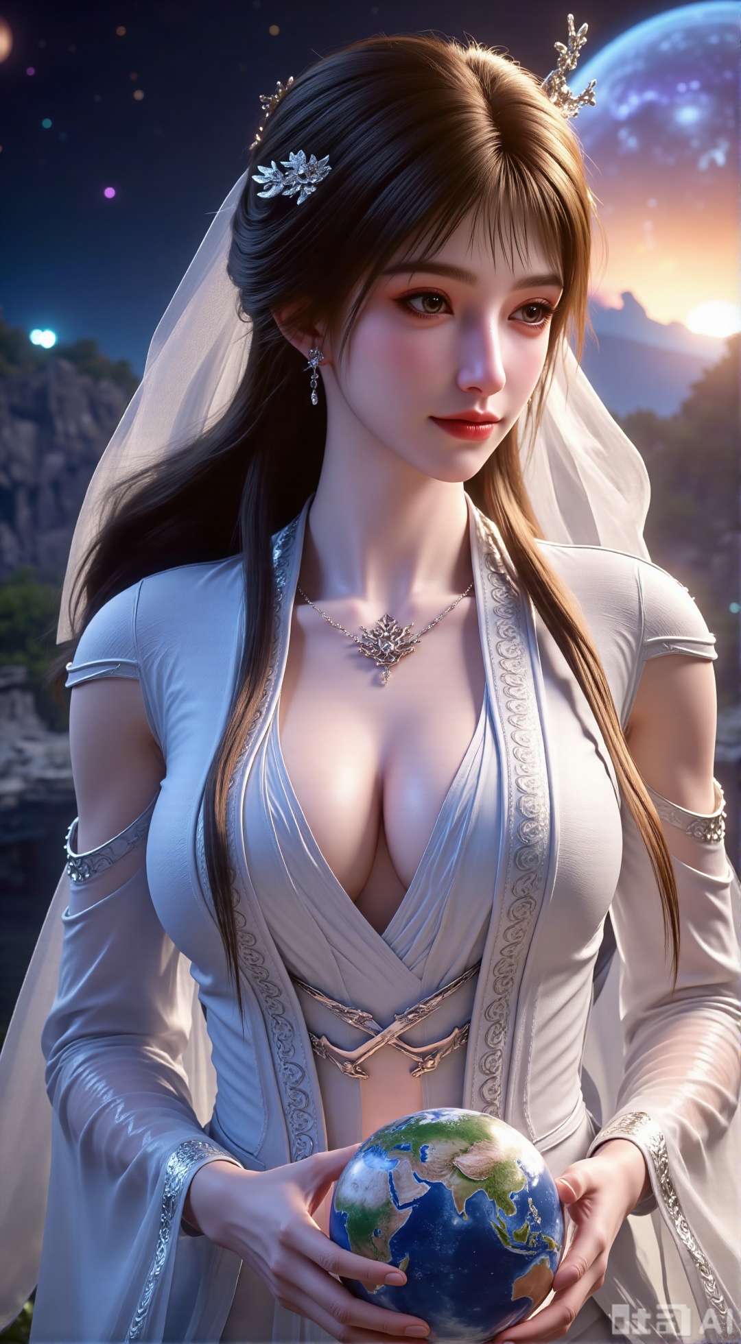  (masterpiece, best quality:1.2),Realistic details, ultra-clear, wallpaper, 8k, masterpiece, masterpiece, best quality, high quality, flowing long hair, exquisite hair accessories, headdresses, cyberpunk electronic luminous clothing, full body multi-luminous line light strips, cyberpunk luminous lines colorful. The sacred light, the cosmic space background, the planets of different colors around, the nebula flows, the stars twinkle, the golden willow branches stretch, holding an earth with both hands, the details of the earth's surface, the texture of mountains, rivers and oceans, the surrounding planets, planets of all sizes, traces of planets orbits, dreamy light and shadow effects.,(huge breasts:2.99),(full breasts:2.99),XXbaifengsongyuYH,Xbigbreasts,Xyueling,Xyueling2,Xyuxin,Xyuxinxianzi
