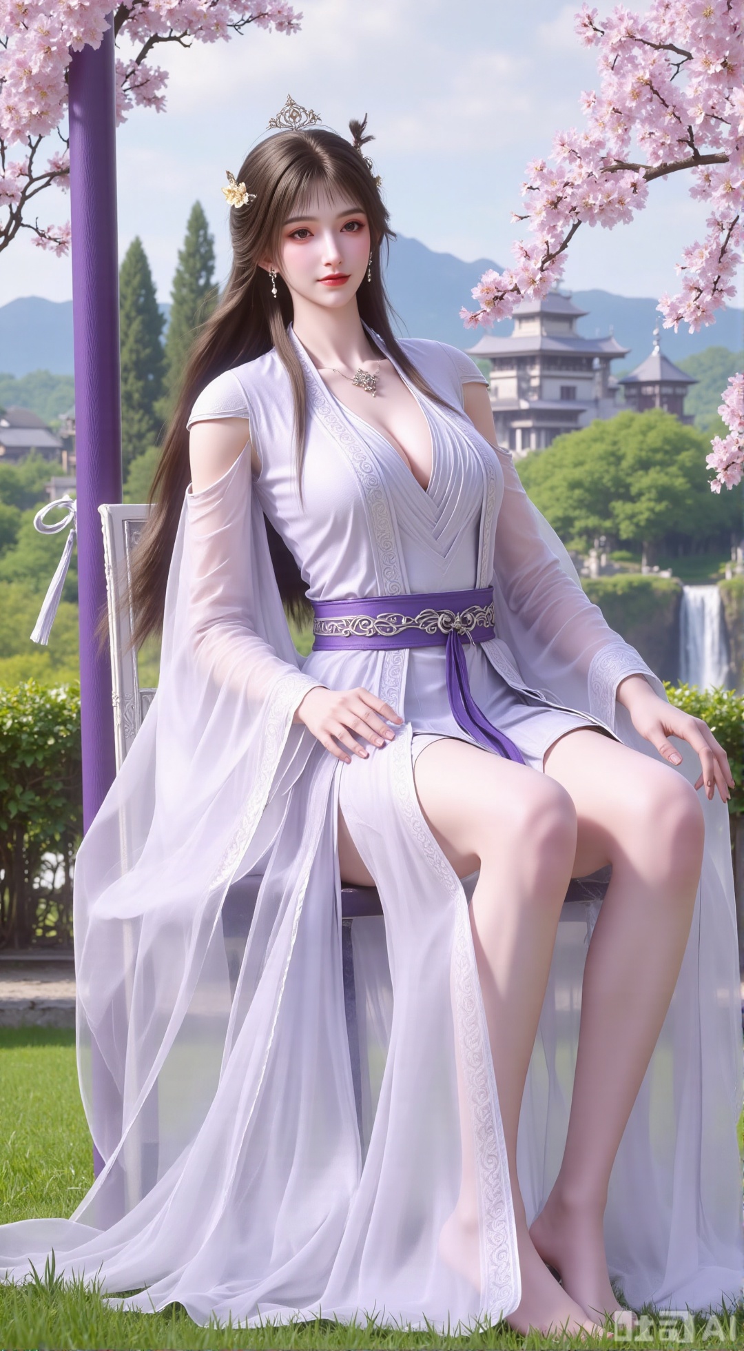 (masterpiece, top quality, best quality, official art, beautiful and aesthetic:1.2),Dynamic posture,(Sitting on the swing:1.39),natural skin texture,(Milky skin:1.2),1gir,solo,long Dress, (Long legs, perfect proportions:1.2),(Sakura, butterfly:1.29),(huge breasts:2.99),(full breasts:2.99),Wisteria, wisteria flowers, castle, waterfall, mountains in the distance,,,XbaifengsongyuYH,Xbigbreasts,Xyueling,Xyueling2,Xyuxin,Xyuxinxianzi