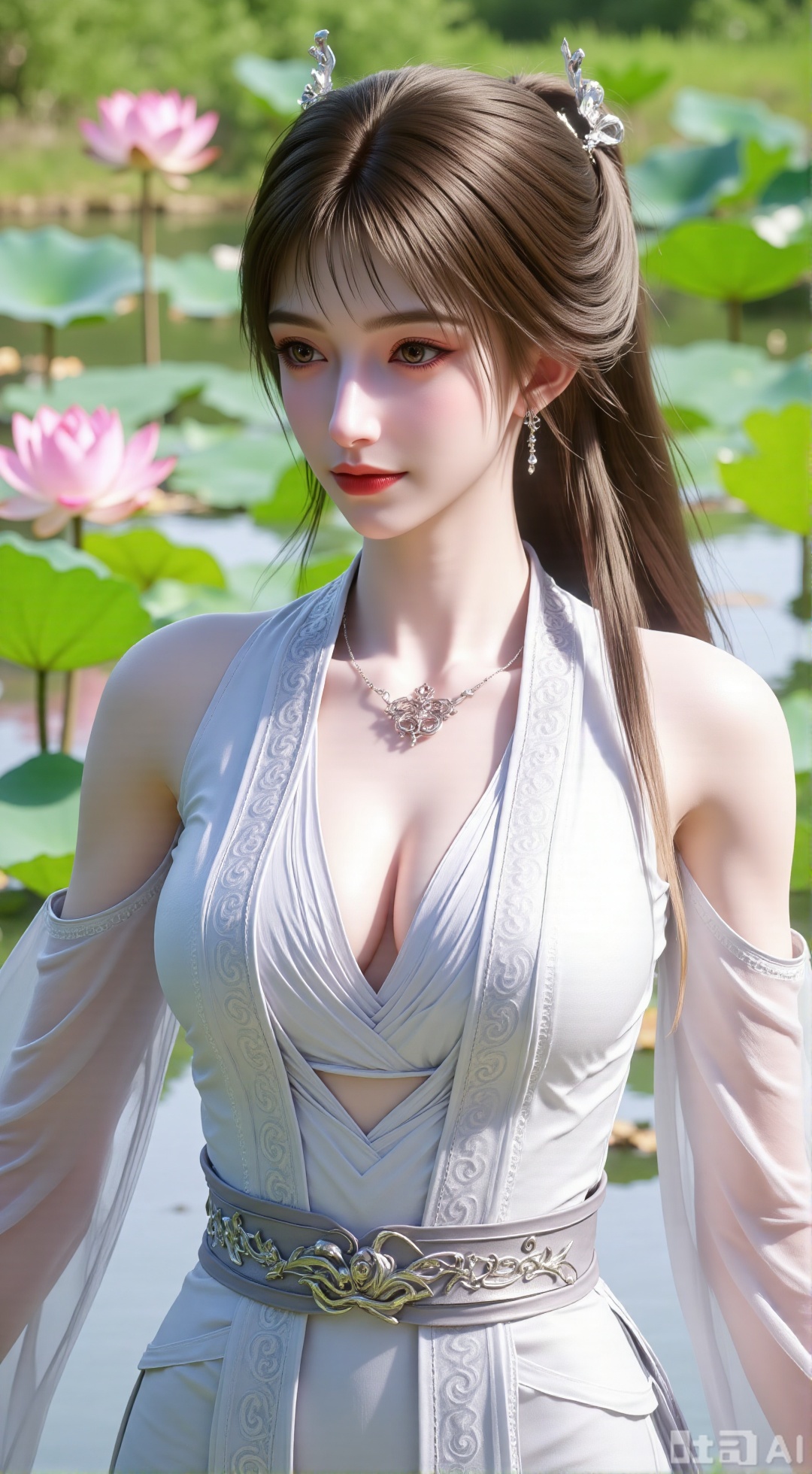  (masterpiece, best quality:1.2),1girl, navel, solo, midriff, bare shoulders, hair ornament,(long hair),(High double ponytail:1.49), red lips, BREAK, (looking at viewer:1.39), chinese clothes,(Holographic long dress:1.36), (lace,Rainbow Gradient Color:1.28), BREAK,blurry, solo focus, long hair, lips, daytime, lipstick, outdoors, standing,upper body,(huge breasts:2.89), background, solo, makeup,(Liquid glass style flowers:1.49),(huge breasts:2.99),(full breasts:2.99),,(Background with lotus pond and pink lotus flowers:1.39),XXbaifengsongyuYH,Xbigbreasts,Xyueling,Xyueling2,Xyuxin,Xyuxinxianzi