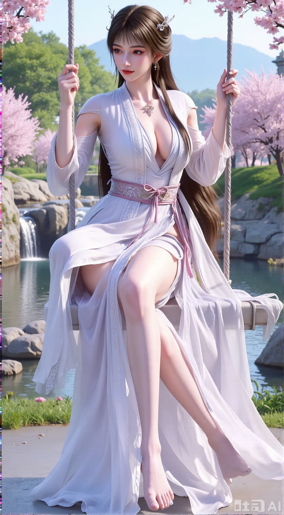 (masterpiece, top quality, best quality, official art, beautiful and aesthetic:1.2),Dynamic posture,(Sitting on the swing:1.39),natural skin texture,(Milky skin:1.2),1gir,solo,long Dress, (Long legs, perfect proportions:1.2),(Sakura, butterfly:1.29),(huge breasts:2.99),(full breasts:2.99),Wisteria, wisteria flowers, castle, waterfall, mountains in the distance,,,XbaifengsongyuYH,Xbigbreasts,Xyueling,Xyueling2,Xyuxin,Xyuxinxianzi