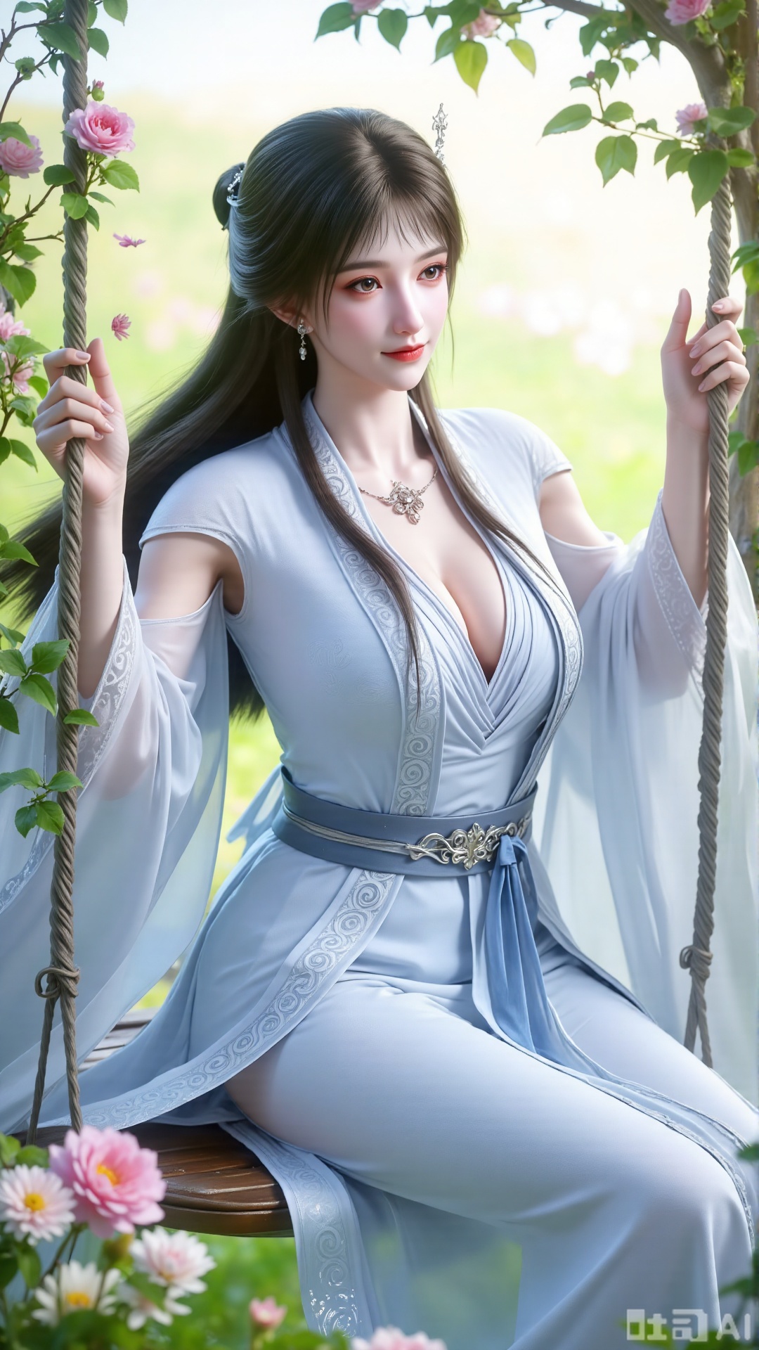  (masterpiece, best quality:1.2),In a cinematic shot with soft sunlight filtering through petals, a delicate fairy-like beauty swings gently on a flower swing amidst a whimsical garden. She wears a pale blue hanfu with flowing wide sleeves and a translucent silk sash tied around her slender figure. Her long black hair with blue highlights cascades down her back, adorned with a pearl hairpin. A gentle smile plays on her innocent eyes as she floats above the flowers, surrounded by fluttering butterflies and golden pollen particles. Magical runes float in the air, casting an ethereal glow. Vines wrap around the ropes of the swing, intertwined with roses and morning glories. The pastel color palette and fantasy atmosphere evoke a sense of wonder and enchantment.,(huge breasts:2.99),(full breasts:2.99),,Xbigbreasts,XQueenMedusa,Xyueling,Xyueling2,Xyuxin,Xyuxinxianzi