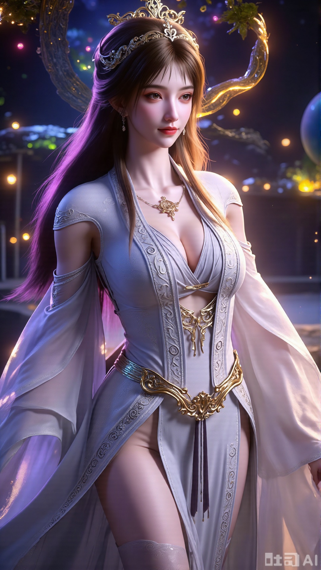(masterpiece, best quality:1.2),Realistic details, ultra-clear, wallpaper, 8k, masterpiece, masterpiece, best quality, high quality, flowing long hair, exquisite hair accessories, headdresses, cyberpunk electronic luminous clothing, full body multi-luminous line light strips, cyberpunk luminous lines colorful. The sacred light, the cosmic space background, the planets of different colors around, the nebula flows, the stars twinkle, the golden willow branches stretch, holding an earth with both hands, the details of the earth's surface, the texture of mountains, rivers and oceans, the surrounding planets, planets of all sizes, traces of planets orbits, dreamy light and shadow effects.,(huge breasts:2.99),(full breasts:2.99),Xbigbreasts,XQueenMedusa,Xyueling,Xyueling2,Xyuxin,Xyuxinxianzi