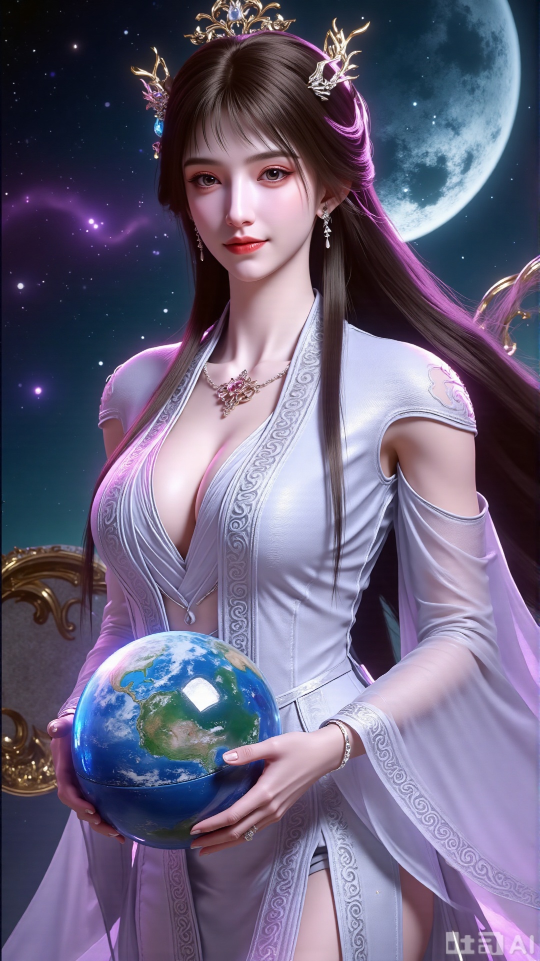 (masterpiece, best quality:1.2),Realistic details, ultra-clear, wallpaper, 8k, masterpiece, masterpiece, best quality, high quality, flowing long hair, exquisite hair accessories, headdresses, cyberpunk electronic luminous clothing, full body multi-luminous line light strips, cyberpunk luminous lines colorful. The sacred light, the cosmic space background, the planets of different colors around, the nebula flows, the stars twinkle, the golden willow branches stretch, holding an earth with both hands, the details of the earth's surface, the texture of mountains, rivers and oceans, the surrounding planets, planets of all sizes, traces of planets orbits, dreamy light and shadow effects.,(huge breasts:2.99),(full breasts:2.99),Xbigbreasts,XQueenMedusa,Xyueling,Xyueling2,Xyuxin,Xyuxinxianzi