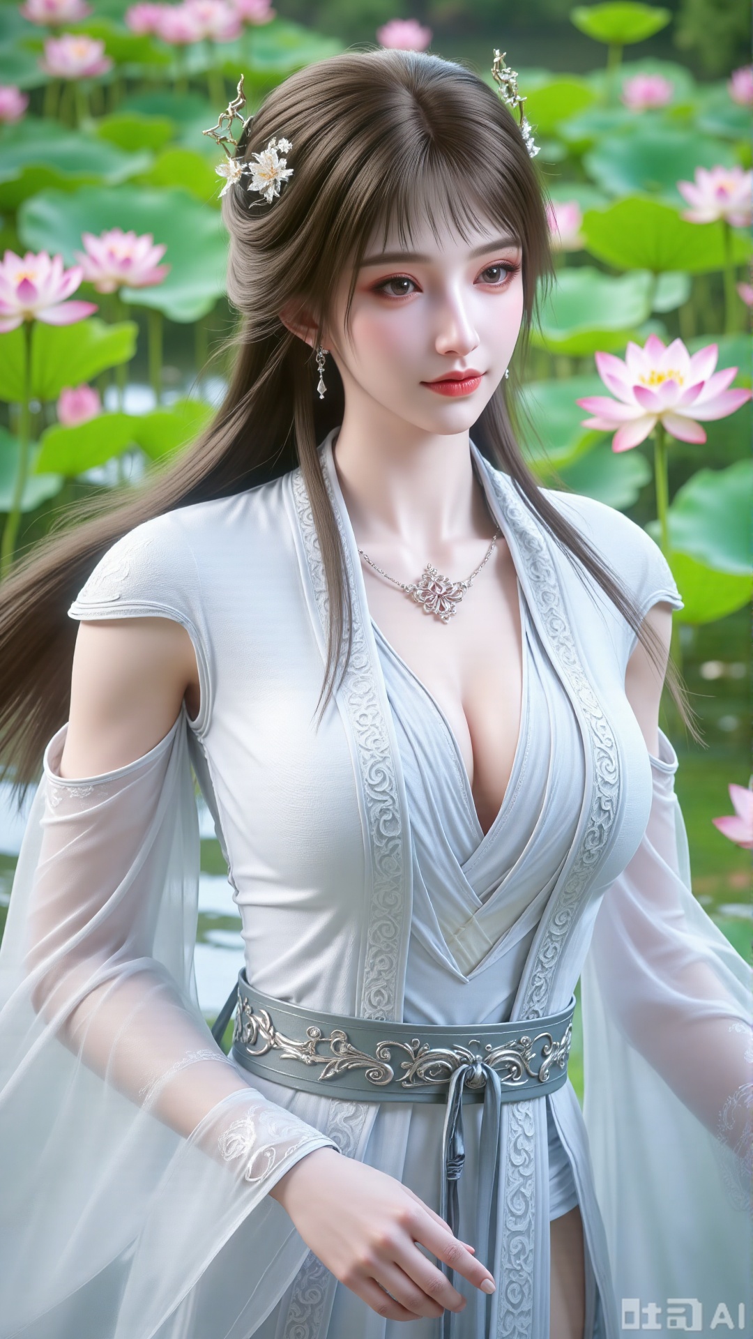  (masterpiece:1.2),best quality,,A woman adorned in traditional Chinese attire,featuring a flowing robe with intricate embroidery and floral accents. A garden filled with pink roses and lush greenery. Soft pastel hues of white,blue,and green,creating a serene atmosphere. Photorealistic photography.(huge breasts:2.99),(full breasts:2.99),,(Background with lotus pond and pink lotus flowers:1.39),Xbigbreasts,XQueenMedusa,Xyueling,Xyueling2,Xyuxin,Xyuxinxianzi