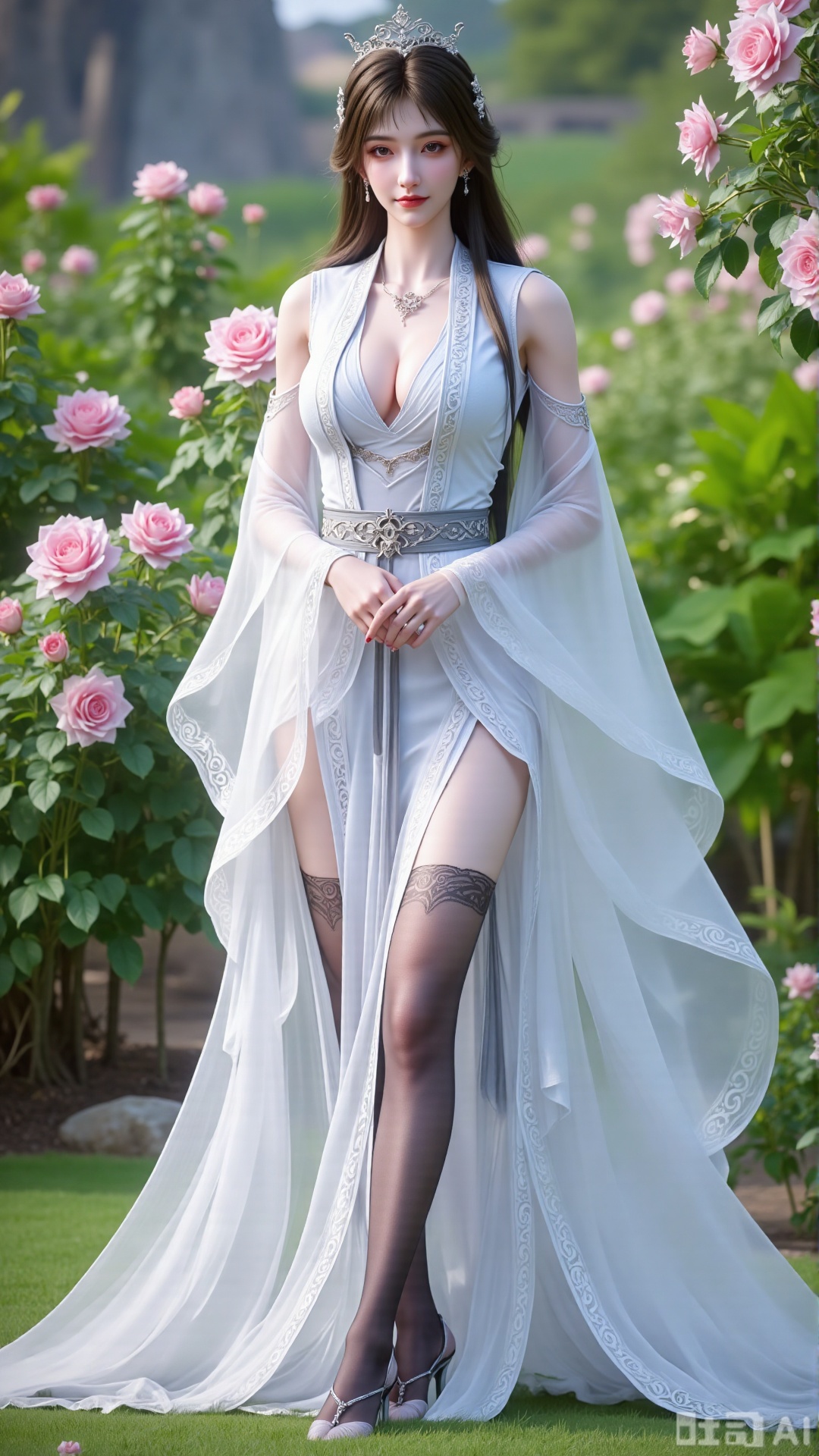  (masterpiece:1.2),best quality,,A woman ,(dress). black Stockings, high heels,,featuring a flowing robe with intricate embroidery and floral accents. A garden filled with pink roses and lush greenery. Soft pastel hues of white,blue,and green,creating a serene atmosphere. Photorealistic photography.,,(huge breasts:2.99),(full breasts:2.99),Xbigbreasts,XQueenMedusa,Xyueling,Xyueling2,Xyuxin,Xyuxinxianzi