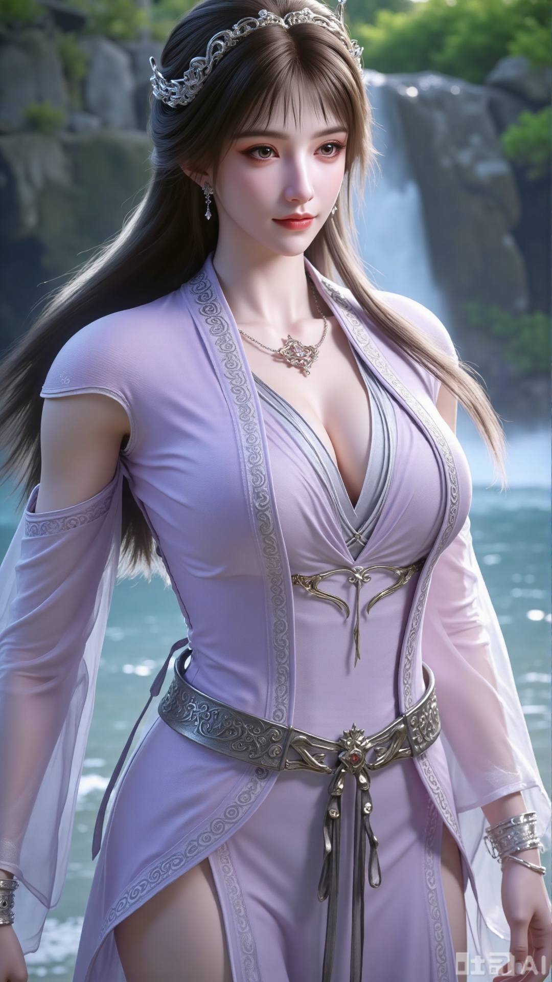 (masterpiece,best quality:1.23),Dominant sister-type girl, velvet ancient style long dress, perfect body, in a valley with a rushing waterfall, holding a long sword, sharp gaze, mist pervading, magnificent aura.(huge breasts, full breasts:2.99),,Xbigbreasts,XQueenMedusa,Xyueling,Xyueling2,Xyuxin,Xyuxinxianzi