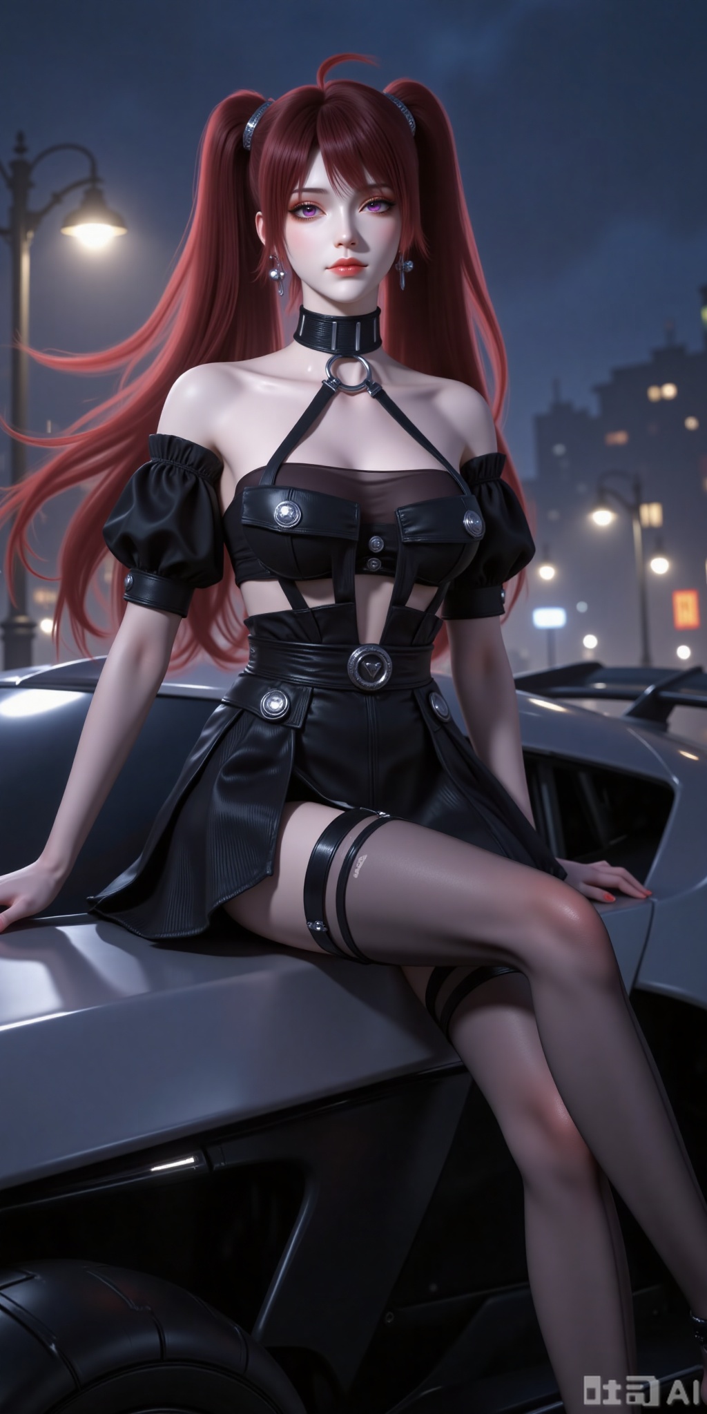 piyi,short skirt,Purple eyes, guanghuapifu,pifu,lvjing,lvjing

 Silk stockings, lace stockings, big eyes

The image depicts a character sitting on a sleek, futuristic vehicle. The character has long, flowing red hair styled in pigtails, and is wearing a black outfit that includes a top with short puffed sleeves, a high-waisted skirt, and stockings with garters. The background features a cityscape at night, with illuminated buildings and streetlights casting a soft glow. The overall atmosphere is dark and atmospheric, with a focus on the character and the vehicle.