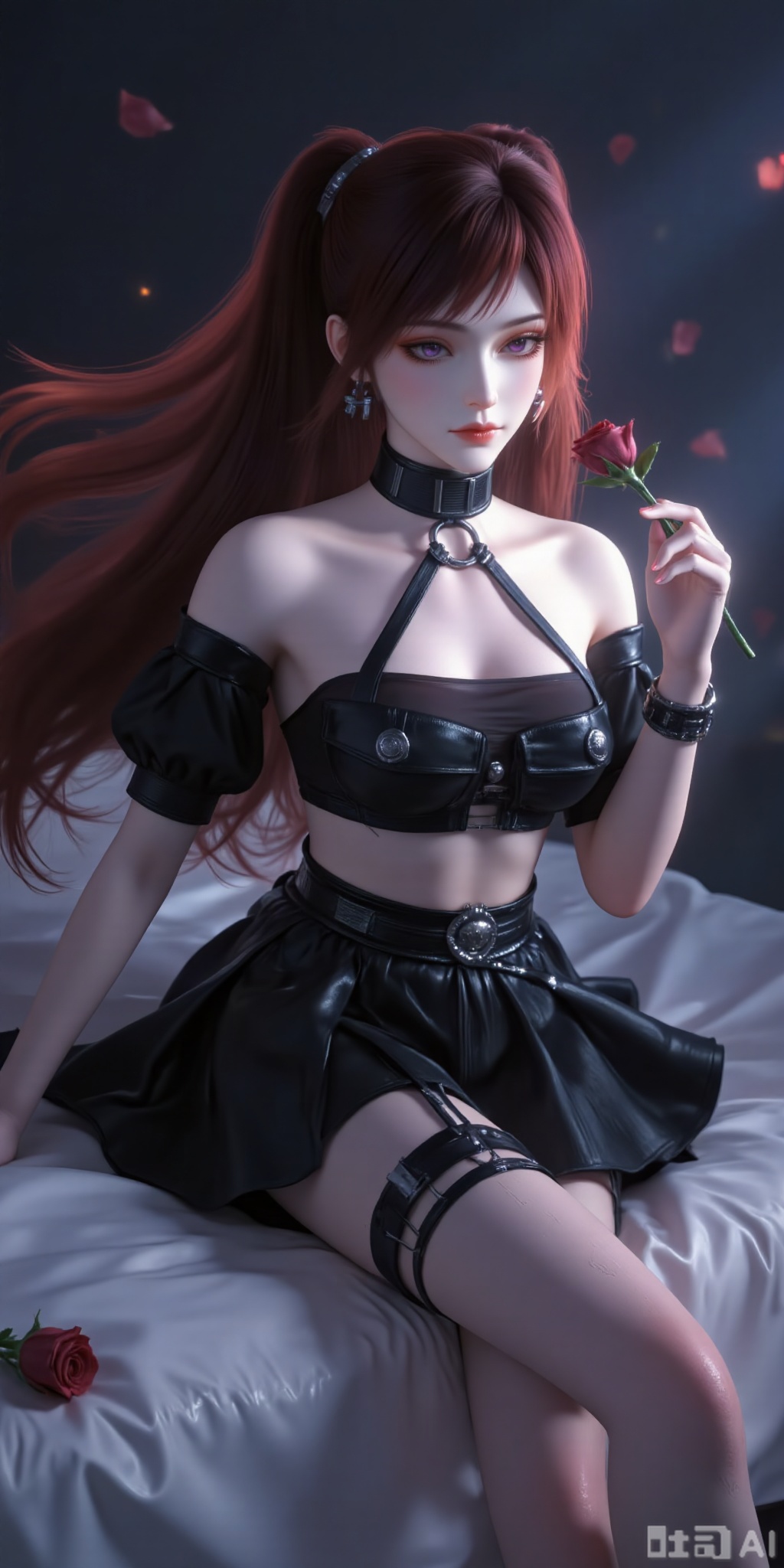 piyi,short skirt,Purple eyes,
guanghuapifu,pifu,lvjing,lvjing,
In the dim light, she wore a short black silk skirt, light and slender legs like strings. Slightly open leather lined with delicate collarbone, waterfall-like black hair flowing on the pillow. She lay motionless, holding a Burgundy rose in her hand, as if she were in harmony with the picture.
Wrist chain twisted in the light and shadow, broken mans flashing. The plain sheets underneath set off cold and fair skin, revealing a soft texture. Fragrance floating, she stood on the reflective ground in a charming kneeling position, her eyes shining. Press your hands lightly on your legs, your lips are slightly raised, your blurred smile bites your lower lip, and your pure desires are intertwined. The picture is simple and full of tension, like a virgin in Yaochi, who wants to talk.