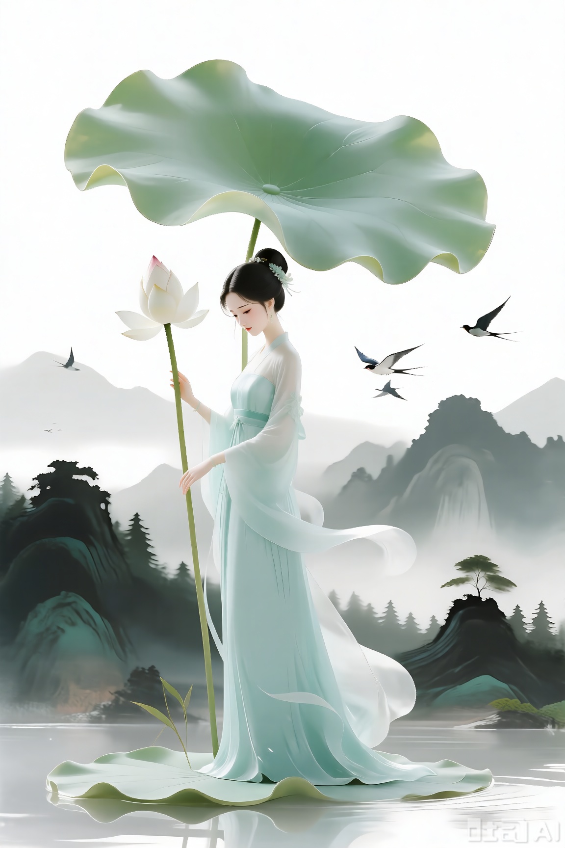 白莲女子、淡青长裙、山水背景、飞鸟远树、空灵静谧、绿白主色调







