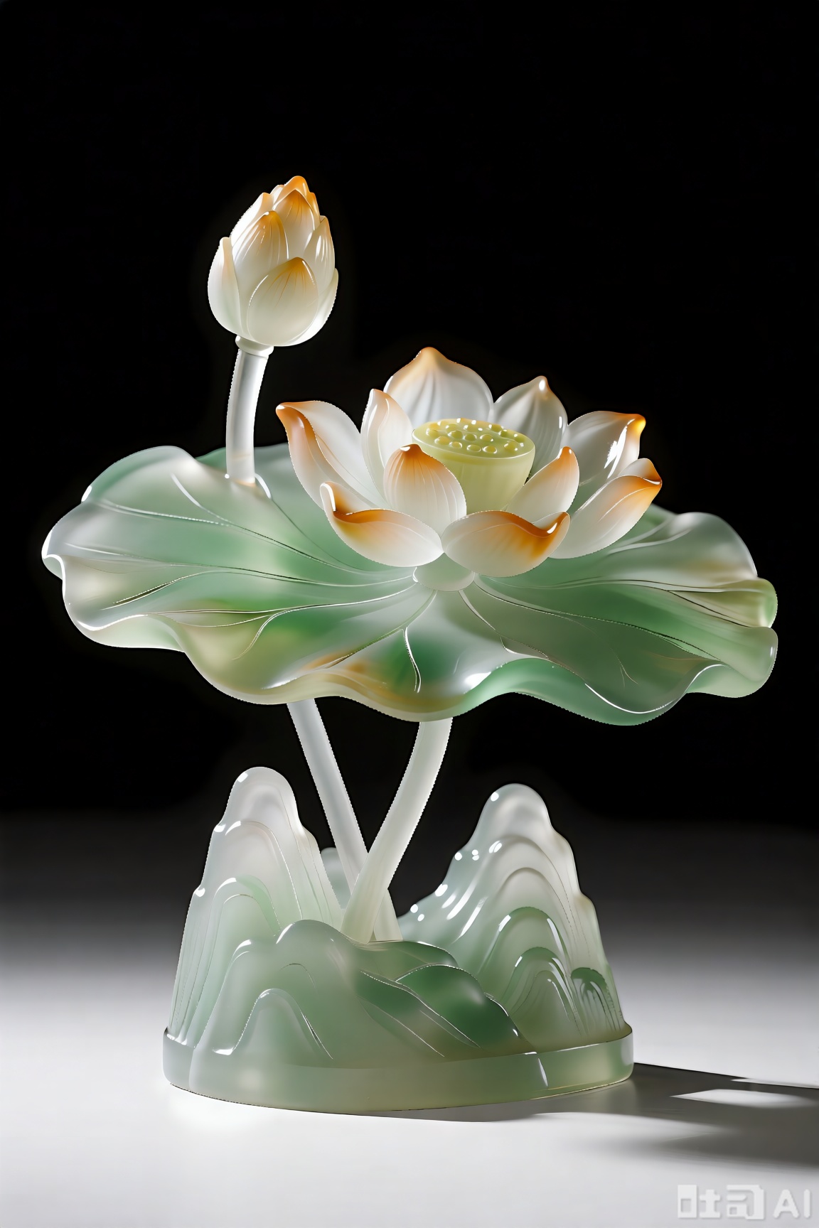古风琉璃工艺品,以荷花雕塑为主题。




