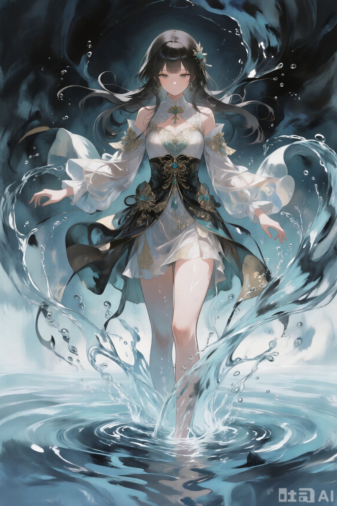 板绘,二次元,立绘,cg渲染,水彩水墨渲染,少女从水里生出,流动感,超现实主义,意识流,对比强烈,,华丽精致服饰,极致光影,大师级电影构图,水流环绕,全身