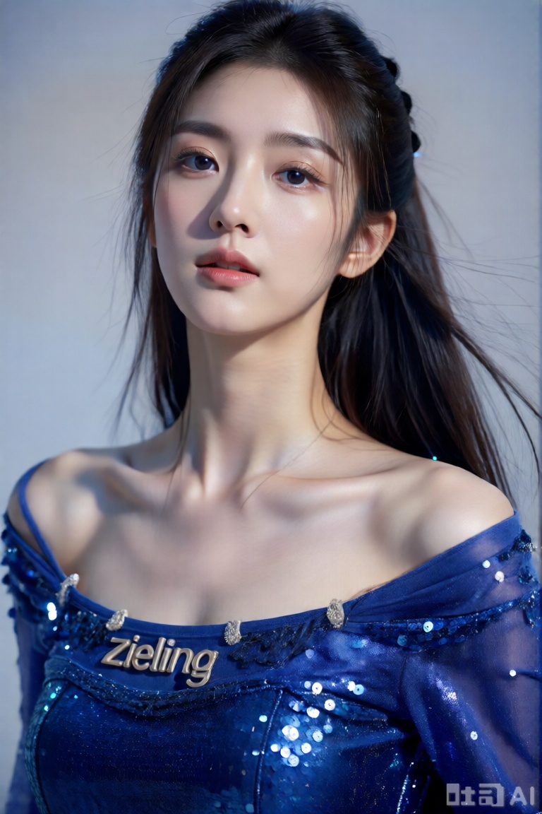 上半身真实照片,真人肌肤纹理,4K画质,美女写真艺术照,简单背景,面对镜头,下额微抬起,表情深邃,长发轻飘,蓝色亮片裙,ziling,ponytail