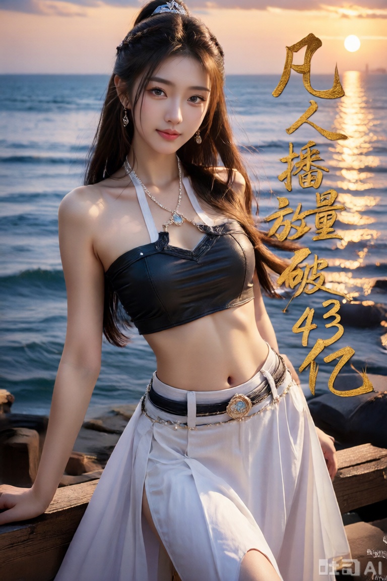surreal warm cinematic full body shot photography, Kodak Professional Portra 160, 1girl,looking_at_viewer,navel,, ,realistic,,pose for picture,Dynamic posture, ,良好解剖结构,真人肌肤纹理, 4K画质,完美身材, best quality, masterpiece, realistic,cowboy_shot,(Good structure), DSLR Quality,Depth of field,kind smile,looking_at_viewer,Dynamic pose, 1girl, solo, long hair, , looking at viewer, skirt, hair ornament, bare shoulders, jewelry, , , earrings, outdoors, midriff, water, necklace, lips, crop top, grey eyes, leaning forward, ocean, white skirt, strapless vest, sunset, sun,
图片上部用金色行书书法手写字“ 凡人播放量破43亿”“