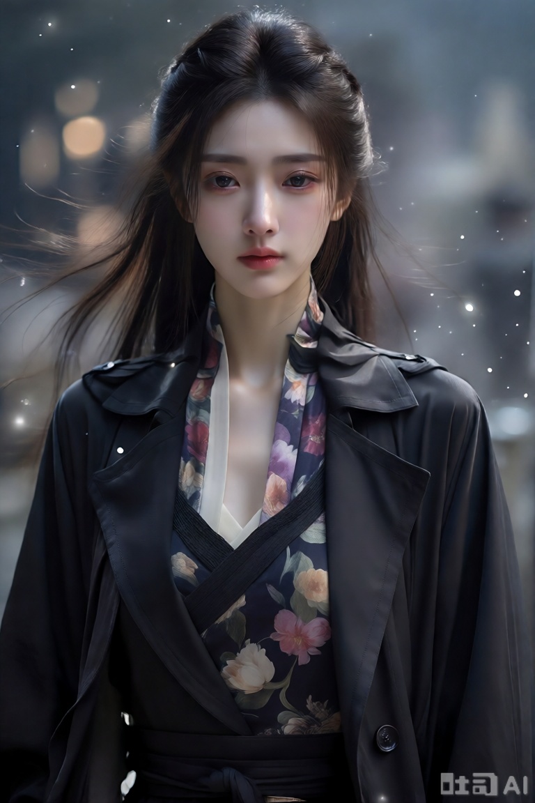 人物、上半身、看着镜头、背景虚化、发丝飘动、光泽、面容宁静美丽、伤感、神秘光芒、细腻皮肤、简约优雅服装、花色围脖、黑色风衣、柔软质地、灰调氛围、宁静神秘梦幻。8K,ziling