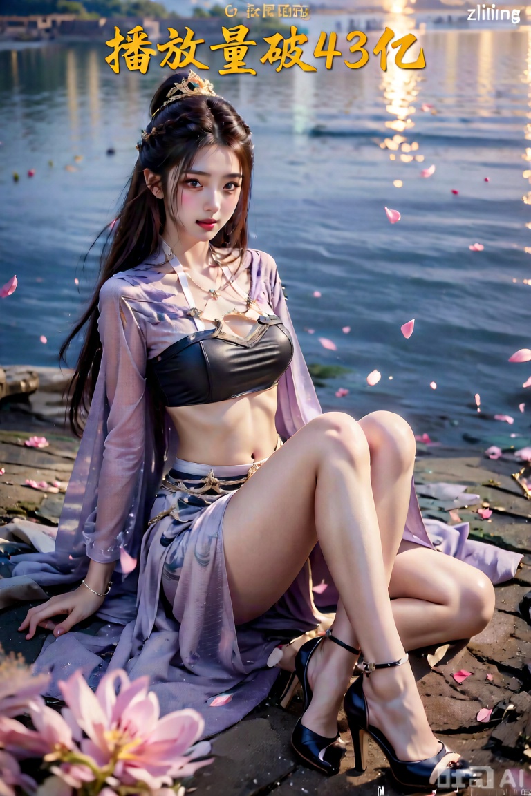 真人肌肤纹理, 4K画质,完美身材,1girl,looking_at_viewer,navel,, high_heel,, ,super long legs, ,realistic,,pose for picture,Dynamic posture,, The image depicts a serene and ethereal scene with a character sitting on the ground. Super large breasts, G cup size, The character has long, flowing hair and is adorned with a golden crown and jewelry. They are dressed in a flowing, outfit that appears to be made of delicate fabric, with intricate designs and patterns. The character is surrounded by floating pink petals, enhancing the dreamy and magical atmosphere. The background consists of a body of water, which reflects the soft colors of the scene, further emphasizing the tranquil and mystical setting,ziling,,
图片上部用金色行书写着“播放量破43亿”大字