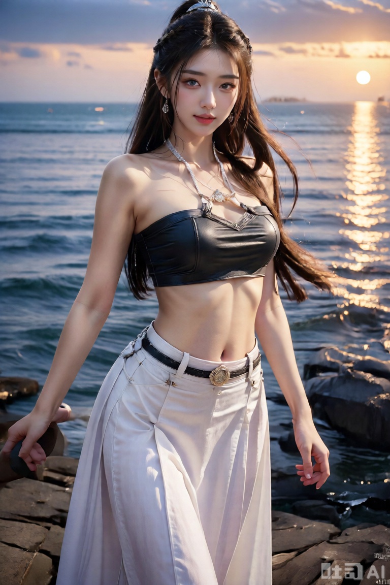 
surreal warm cinematic full body shot photography, Kodak Professional Portra 160, 1girl,looking_at_viewer,navel,, ,realistic,,pose for picture,Dynamic posture, ,良好解剖结构,真人肌肤纹理, 4K画质,完美身材, best quality, masterpiece, realistic,cowboy_shot,(Good structure), DSLR Quality,Depth of field,kind smile,looking_at_viewer,Dynamic pose, 1girl, solo, long hair, , looking at viewer, skirt, hair ornament, bare shoulders, jewelry, , , earrings, outdoors, midriff, water, necklace, lips, crop top, grey eyes, leaning forward, ocean, white skirt, strapless vest, sunset, sun,