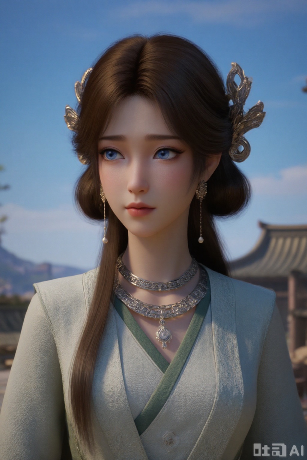 1girl, long hair, blue eyes, brown hair, hair ornament, dress, jewelry, closed mouth, upper body, ponytail, earrings, outdoors, sky, solo focus, day, necklace, blurry, blue sky, looking to the side, blurry background, chinese clothes, realistic