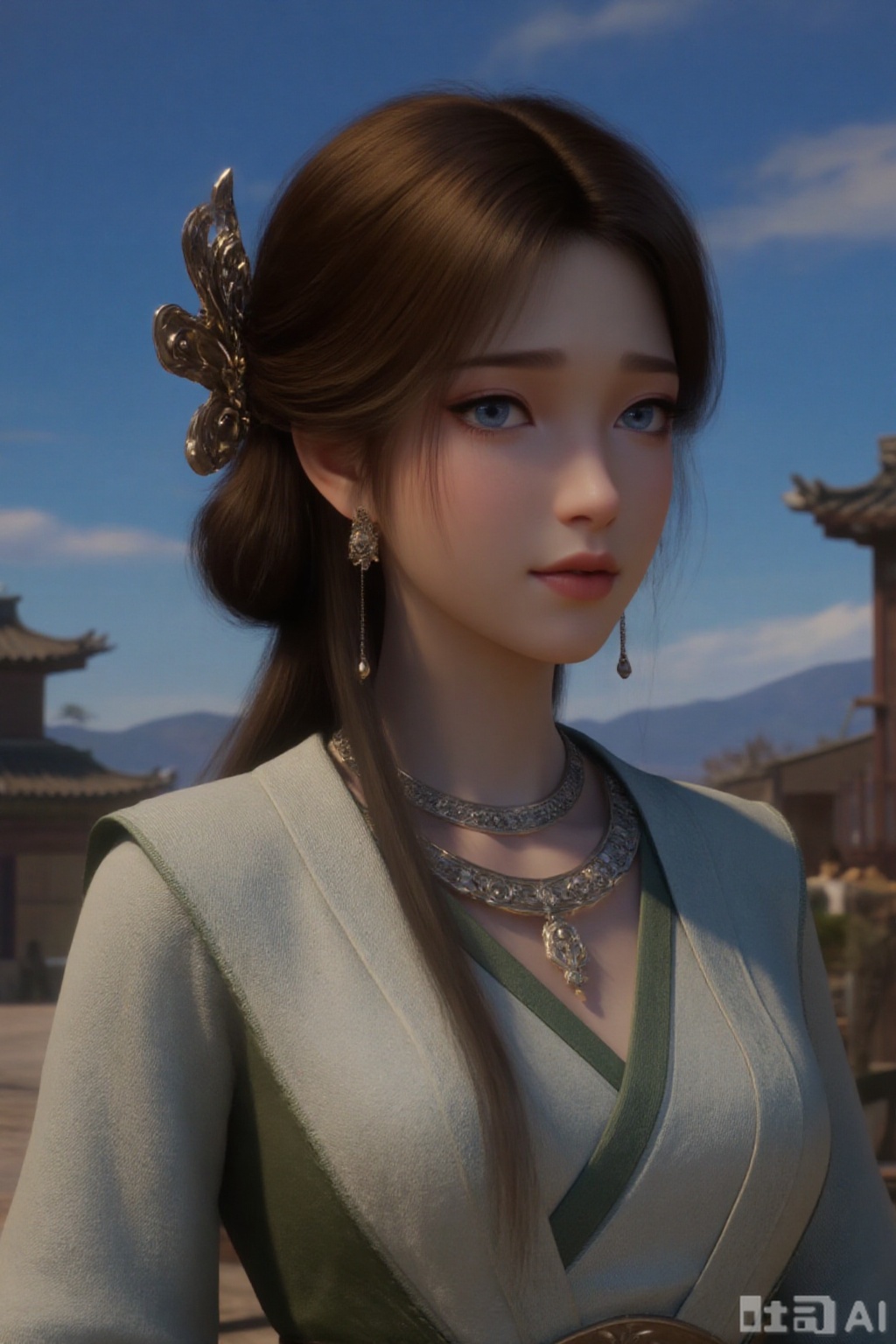 1girl, long hair, blue eyes, brown hair, hair ornament, dress, jewelry, closed mouth, upper body, ponytail, earrings, outdoors, sky, solo focus, day, necklace, blurry, blue sky, looking to the side, blurry background, chinese clothes, realistic