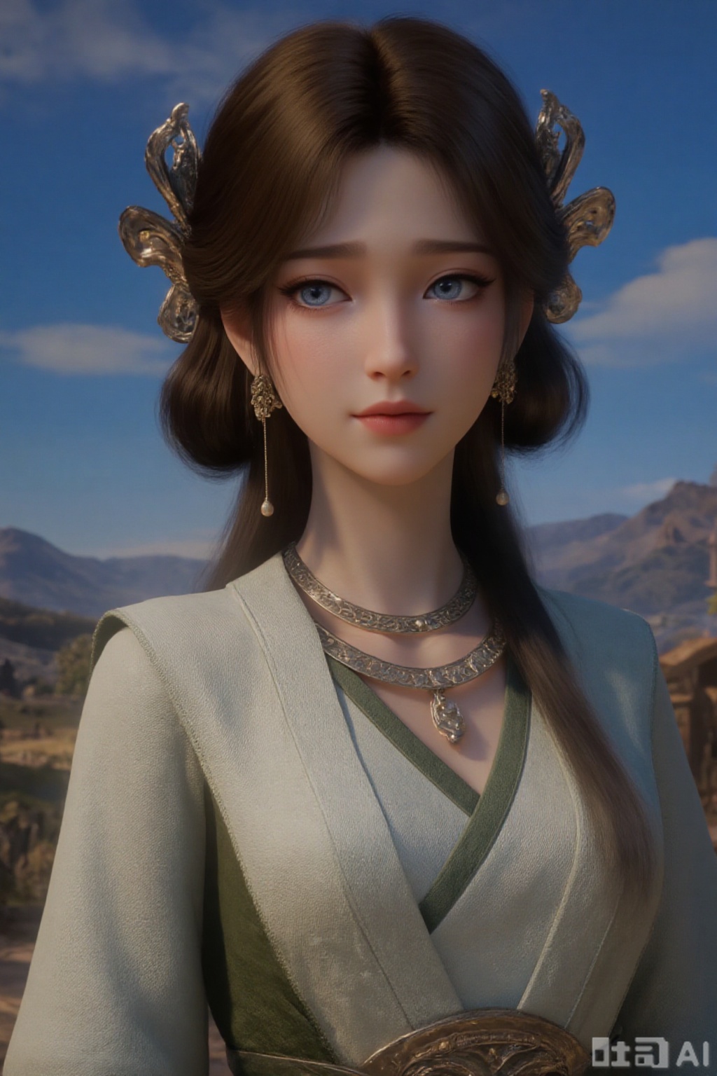 1girl, long hair, blue eyes, brown hair, hair ornament, dress, jewelry, closed mouth, upper body, ponytail, earrings, outdoors, sky, solo focus, day, necklace, blurry, blue sky, looking to the side, blurry background, chinese clothes, realistic