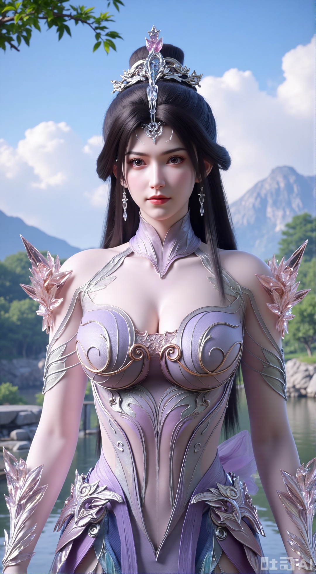 (masterpiece, best quality:1.2),1 girl, solo, long hair, black hair, hair accessories, clothing, cleavage cuts, long dress, jewelry, upper body, earrings. Background is outdoor, sky, clouds, water, trees, architecture, landscape, lantern, mountain, dragon, architecture, bridge, east Asian architecture, fog, pagoda,,(huge breasts:2.99),(full breasts:2.99),XXbaifengsongyuYH,Xbigbreasts,Xyueling,Xyueling2,Xyuxin,Xyuxinxianzi