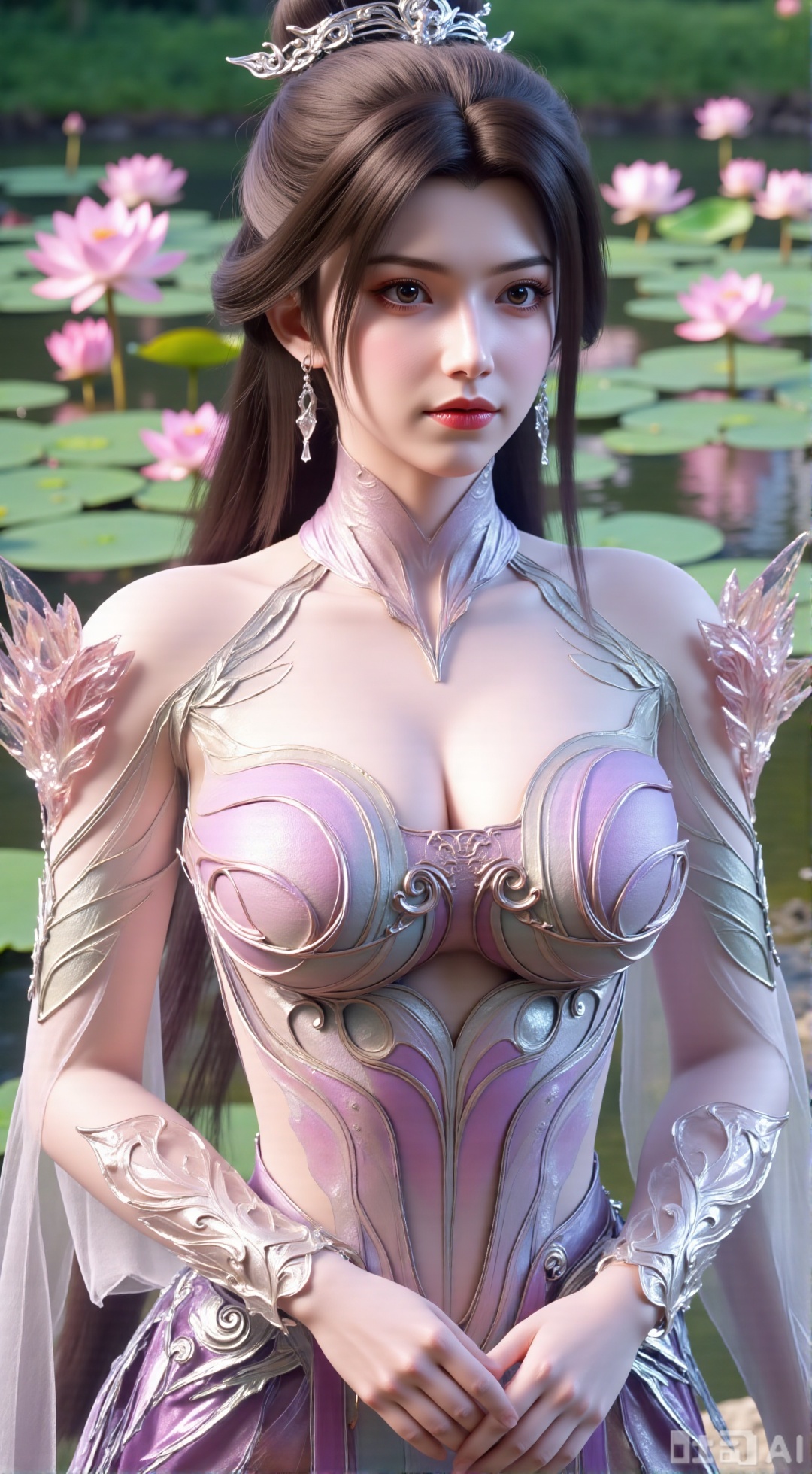 (masterpiece, best quality:1.2),1girl, navel, solo, midriff, bare shoulders, hair ornament,(long hair),(High double ponytail:1.49), red lips, BREAK, (looking at viewer:1.39), chinese clothes,(Holographic long dress:1.36), (lace,Rainbow Gradient Color:1.28), BREAK,blurry, solo focus, long hair, lips, daytime, lipstick, outdoors, standing,upper body,(huge breasts:2.89), background, solo, makeup,(Liquid glass style flowers:1.49),(huge breasts:2.99),(full breasts:2.99),,(Background with lotus pond and pink lotus flowers:1.39),XXbaifengsongyuYH,Xbigbreasts,Xyueling,Xyueling2,Xyuxin,Xyuxinxianzi