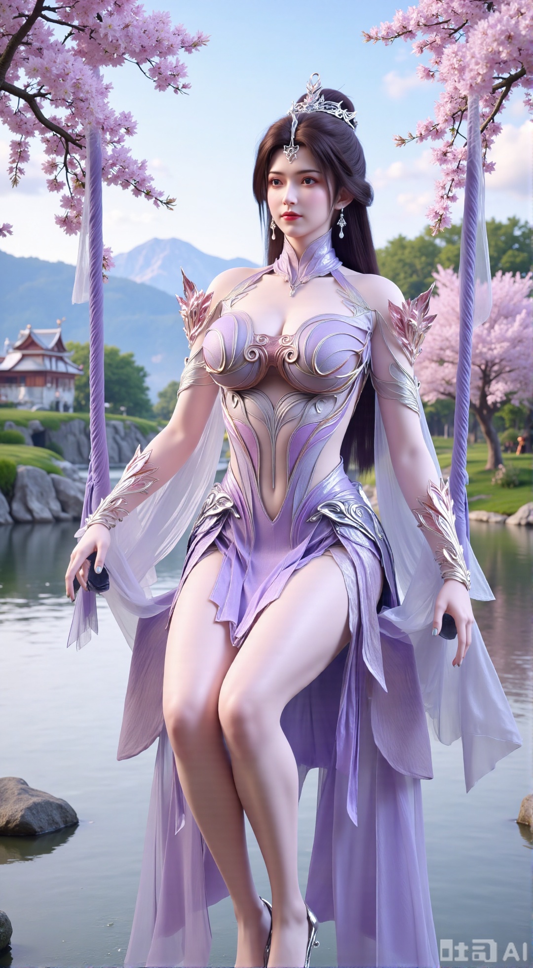 (masterpiece, top quality, best quality, official art, beautiful and aesthetic:1.2),Dynamic posture,(Sitting on the swing:1.39),natural skin texture,(Milky skin:1.2),1gir,solo,long Dress, (Long legs, perfect proportions:1.2),(Sakura, butterfly:1.29),(huge breasts:2.99),(full breasts:2.99),Wisteria, wisteria flowers, castle, waterfall, mountains in the distance,,,XbaifengsongyuYH,Xbigbreasts,Xyueling,Xyueling2,Xyuxin,Xyuxinxianzi