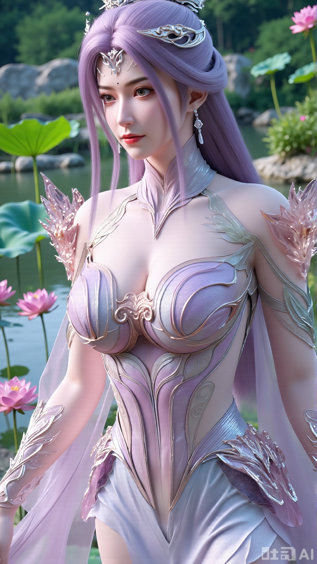  (masterpiece:1.2),best quality,,A woman adorned in traditional Chinese attire,featuring a flowing robe with intricate embroidery and floral accents. A garden filled with pink roses and lush greenery. Soft pastel hues of white,blue,and green,creating a serene atmosphere. Photorealistic photography.(huge breasts:2.99),(full breasts:2.99),,(Background with lotus pond and pink lotus flowers:1.39),Xbigbreasts,XQueenMedusa,Xyueling,Xyueling2,Xyuxin,Xyuxinxianzi