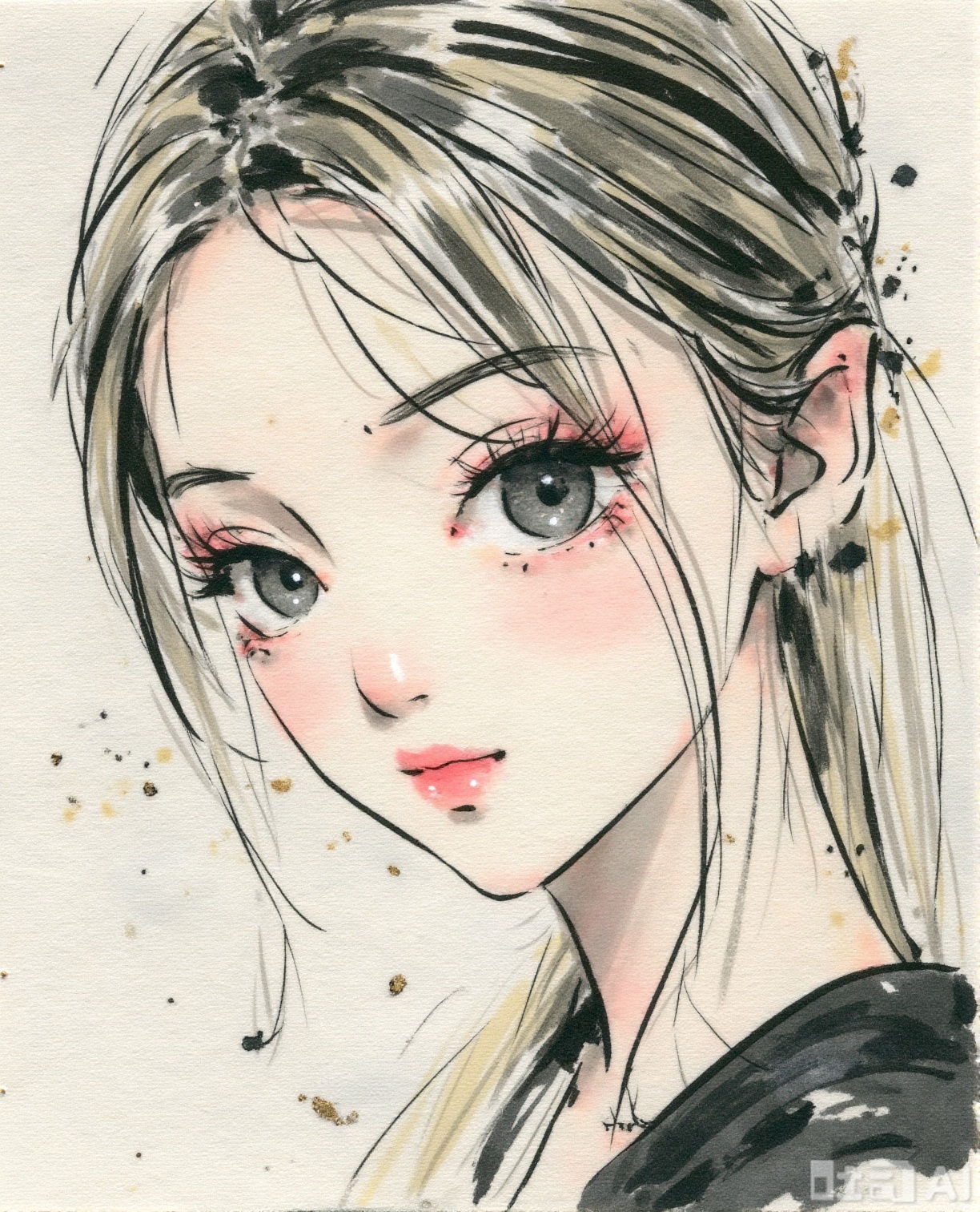 traditional media,watercolor and ink painting on textured paper,expressive black ink lines,8K high-definition portrait photography is presented in a professional film-like style. The beautiful woman Ju Jing, with her beautiful eyes flashing and agile, her long hair is light and her face is sweet. traditional media, watercolor and ink painting on textured paper with gold paint accents, expressive black ink lines. 