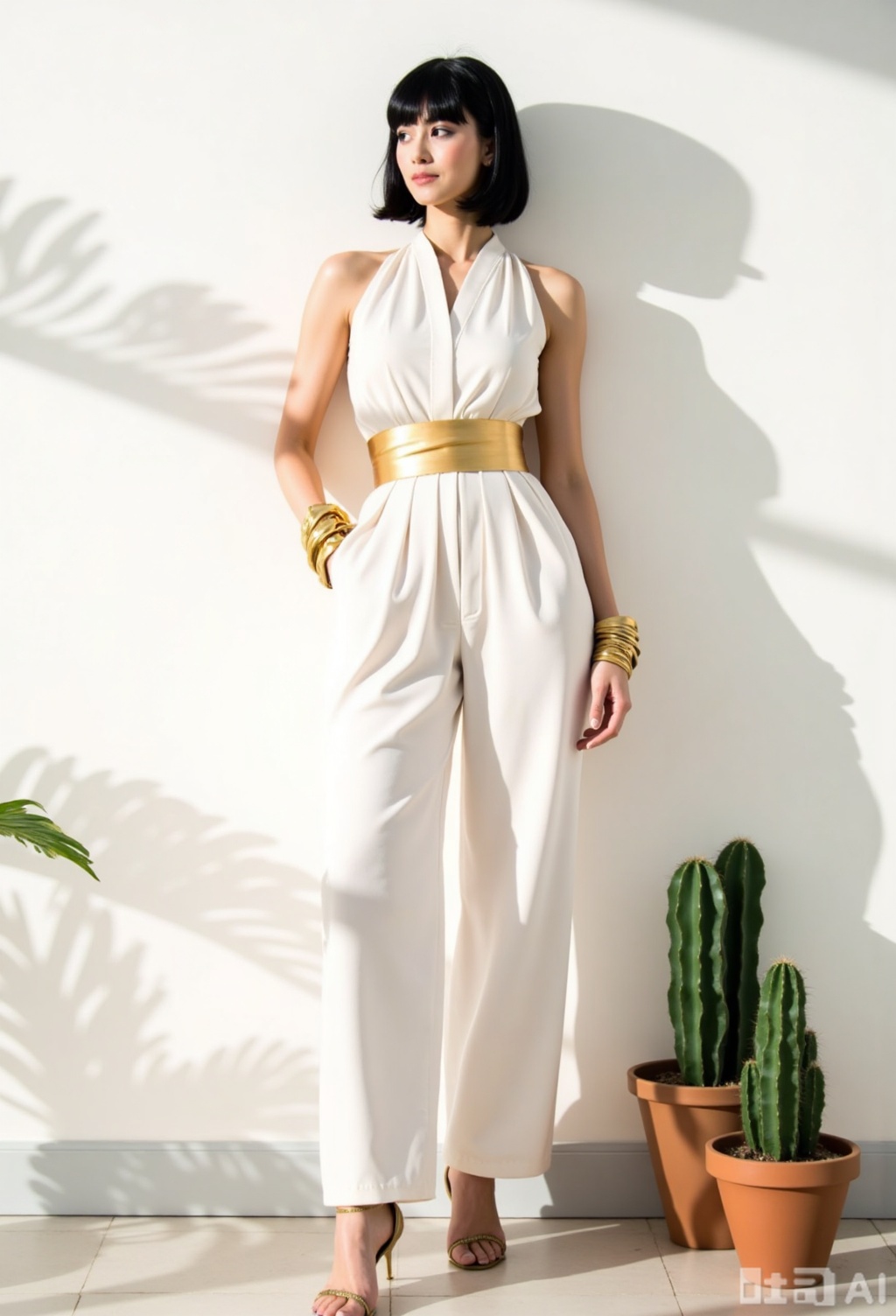a woman dressed in a white dress

adorned with a gold belt

is stunning against a stark white backdrop. Her black hair is styled in a bob

adding a pop of color to the scene. Her dress is adorned with gold bracelets

adding touch of charm to her outfit. To the right of her

a cactus plant stands in a brown pot

adding depth to the composition. The cactus plants are casting a shadow on the wall behind her.

