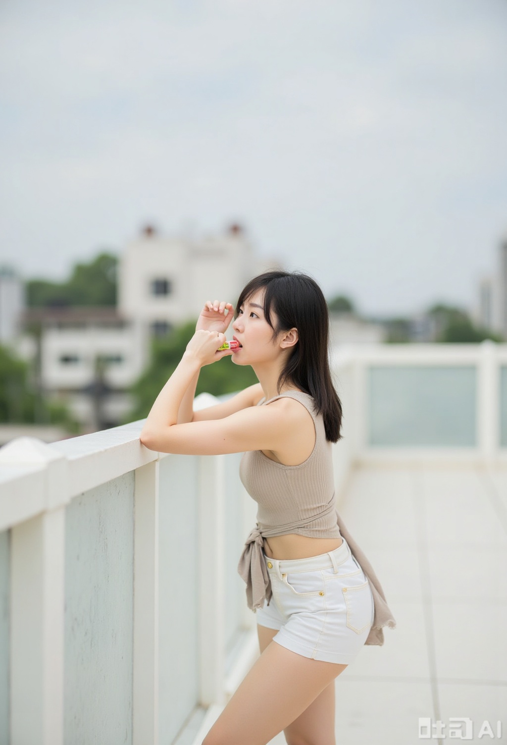 a young Asian woman is standing on a balcony leaning on a white railing. She is wearing a beige **** top and white shorts...