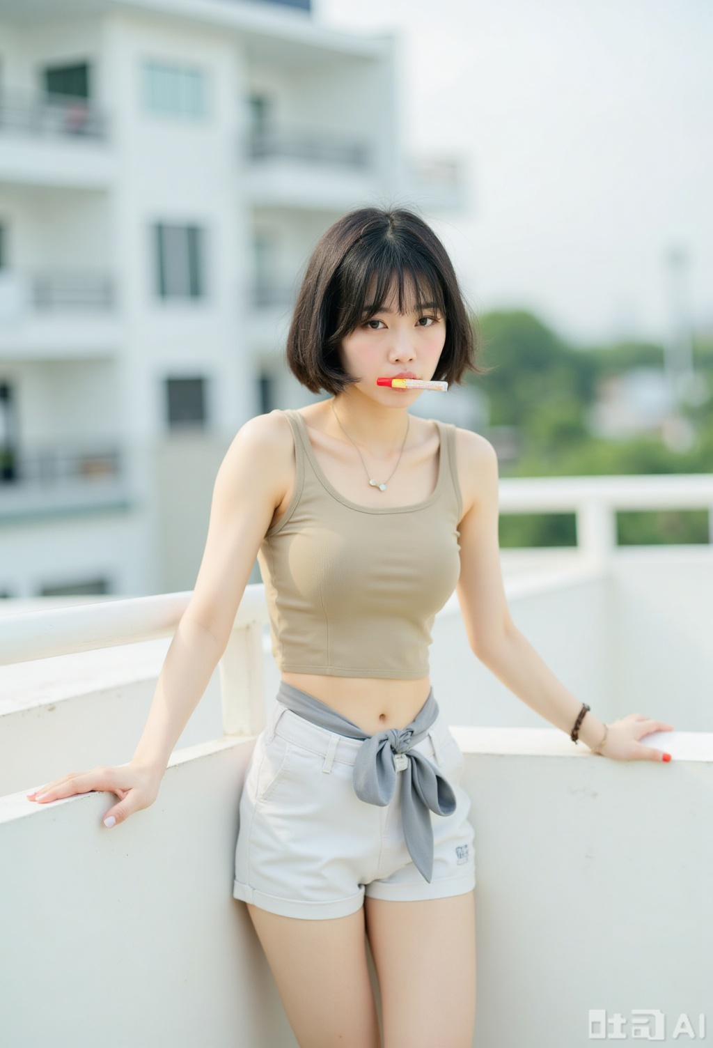a young Asian woman is standing on a balcony

leaning on a white railing. She is wearing a beige **** top and white shorts

tied at the waist with a gray belt. Her left hand is resting on the railing

while her right hand is holding a red

white

and yellow object in her mouth. The background is blurred

with a white building visible in the distance.,More poses