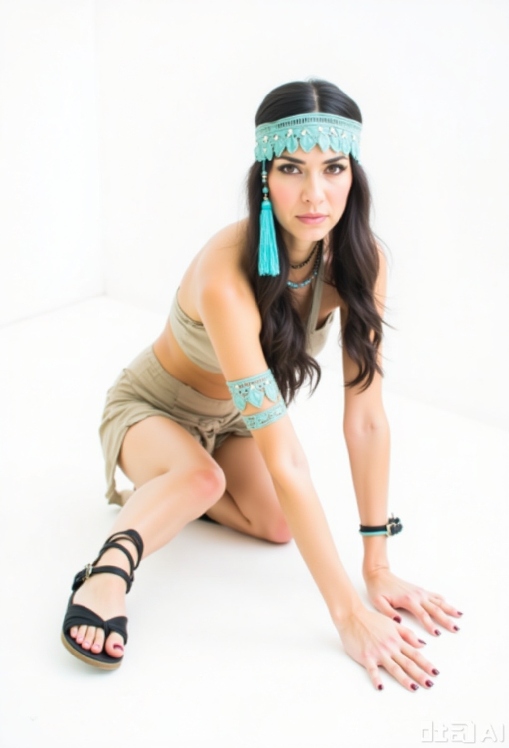 a woman dressed in an Indian costume adorned with a turquoise headdress and a pair of sandals. She is striking a pose with...