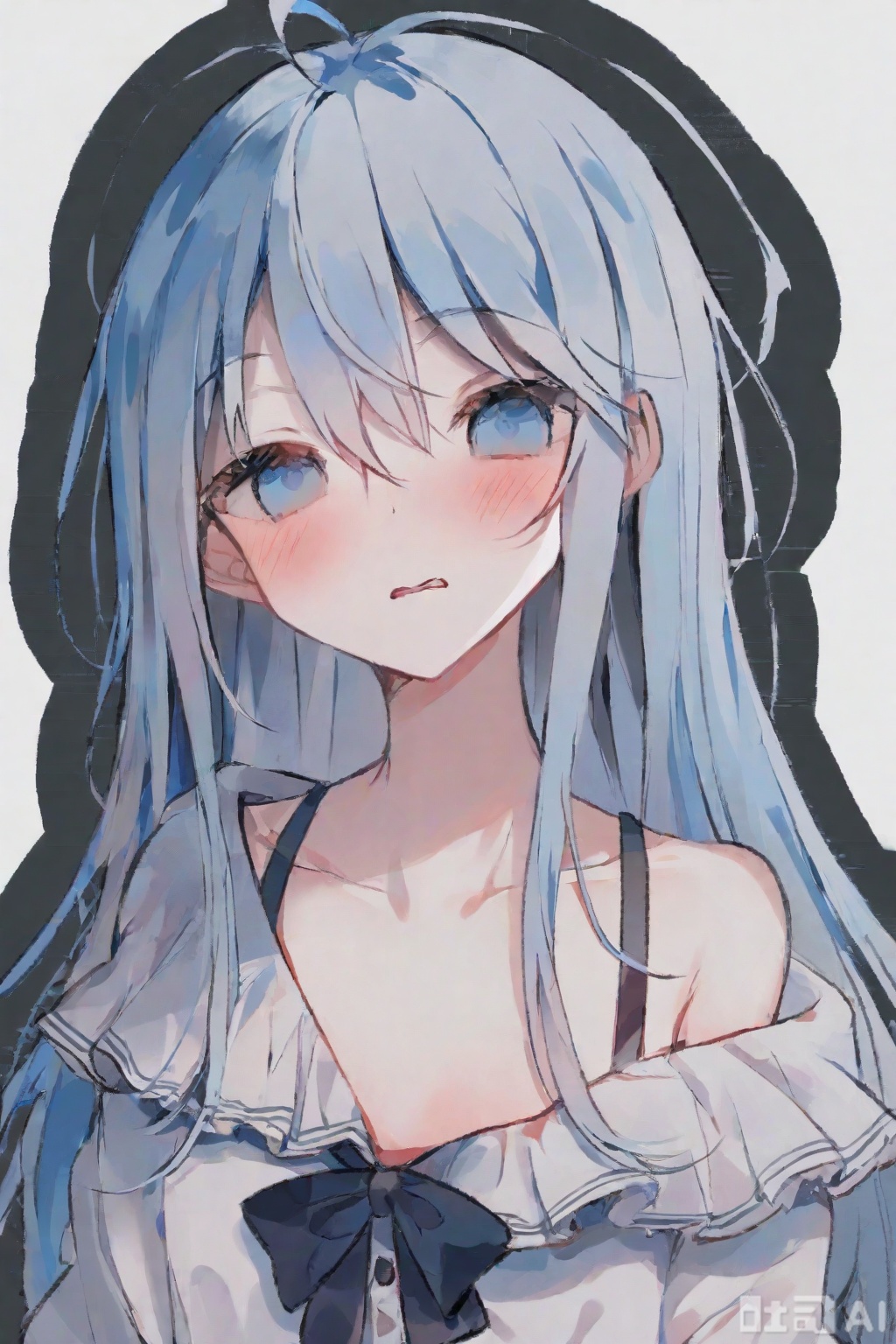 1girl, touwa erio, solo, blue eyes, long blue hair, blush, looking at viewer, white shirt, simple white background, bow, exposed collarbone, upper body, parted lips, hair between eyes, off-shoulder, ahoge