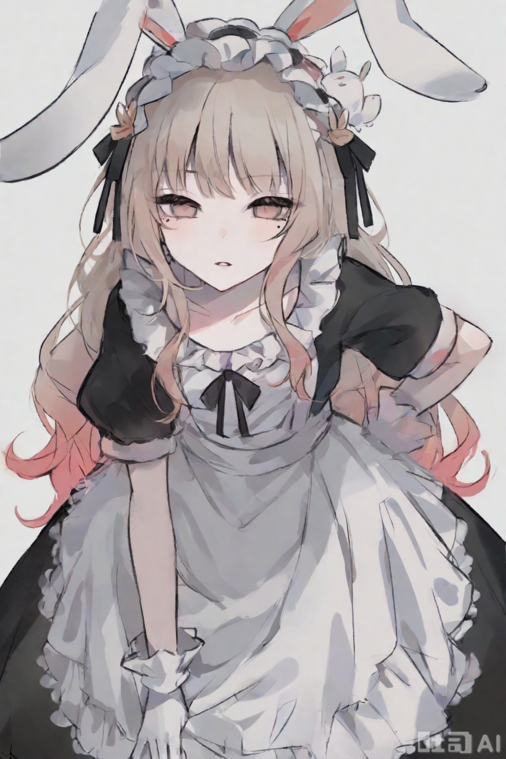 Simple Flat Coloring,sketch,line,simple background,white background,Hoshimi Miyabi,1girl,solo,Character front,maid costumes,gloves,wake,ornament,looking at viewer,black dress,White apron,simple background,rabbit,solo,white gloves,parted lips,collarbone,standing,leaning forward,face detail,masterpiece,best quality,absurdres,very aesthetic,collarbone,mole_under_eye,masterpiece,best quality,amazing quality,very aesthetic,absurdres,newest,gradient hair,