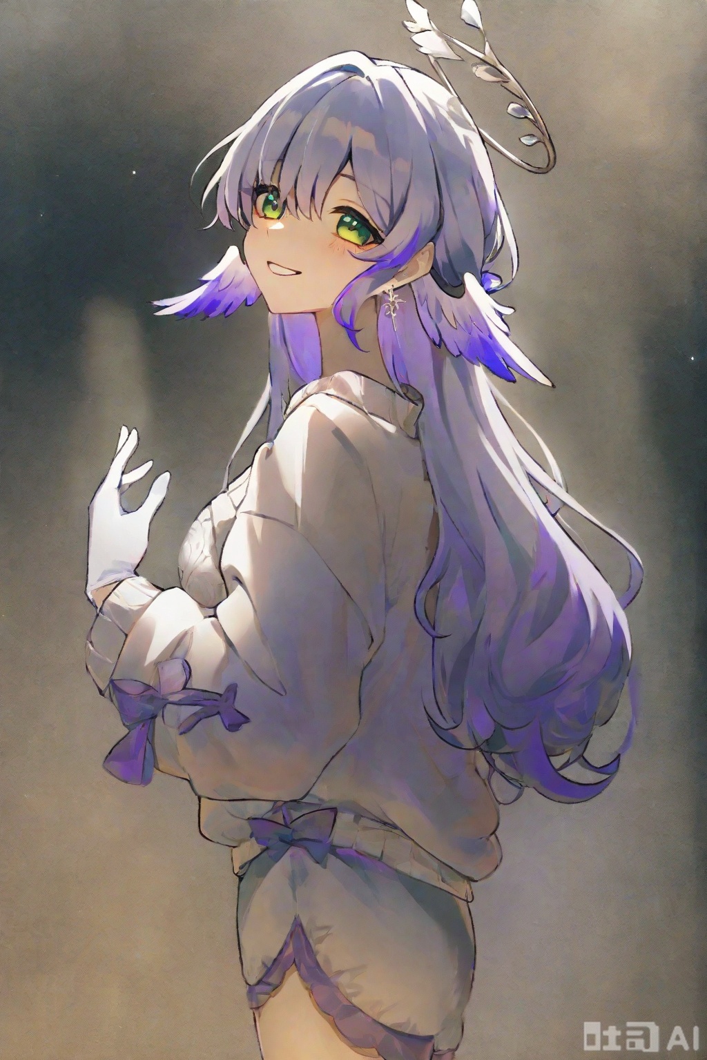 ,masterpiece,facing the lens,best quality,very aesthetic,extremely delicate and beautiful,huge filesize,amazing quality,32K UHD,fashionable,cool and fashionable,(Robin \(honkai: star rail\):1.2),1girl,solo,green eyes,(head wings:1.7),white_gloves,halo,green_eyes,jewelry,smile,looking_back,light,blue hair,purple hair,mid_shot,full_shot,loungewear,pants,sweater,