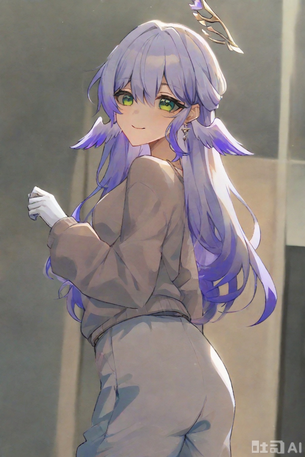 ,masterpiece,facing the lens,best quality,very aesthetic,extremely delicate and beautiful,huge filesize,amazing quality,32K UHD,fashionable,cool and fashionable,(Robin \(honkai: star rail\):1.2),1girl,solo,green eyes,(head wings:1.7),white_gloves,halo,green_eyes,jewelry,smile,looking_back,light,blue hair,purple hair,mid_shot,full_shot,loungewear,pants,sweater,