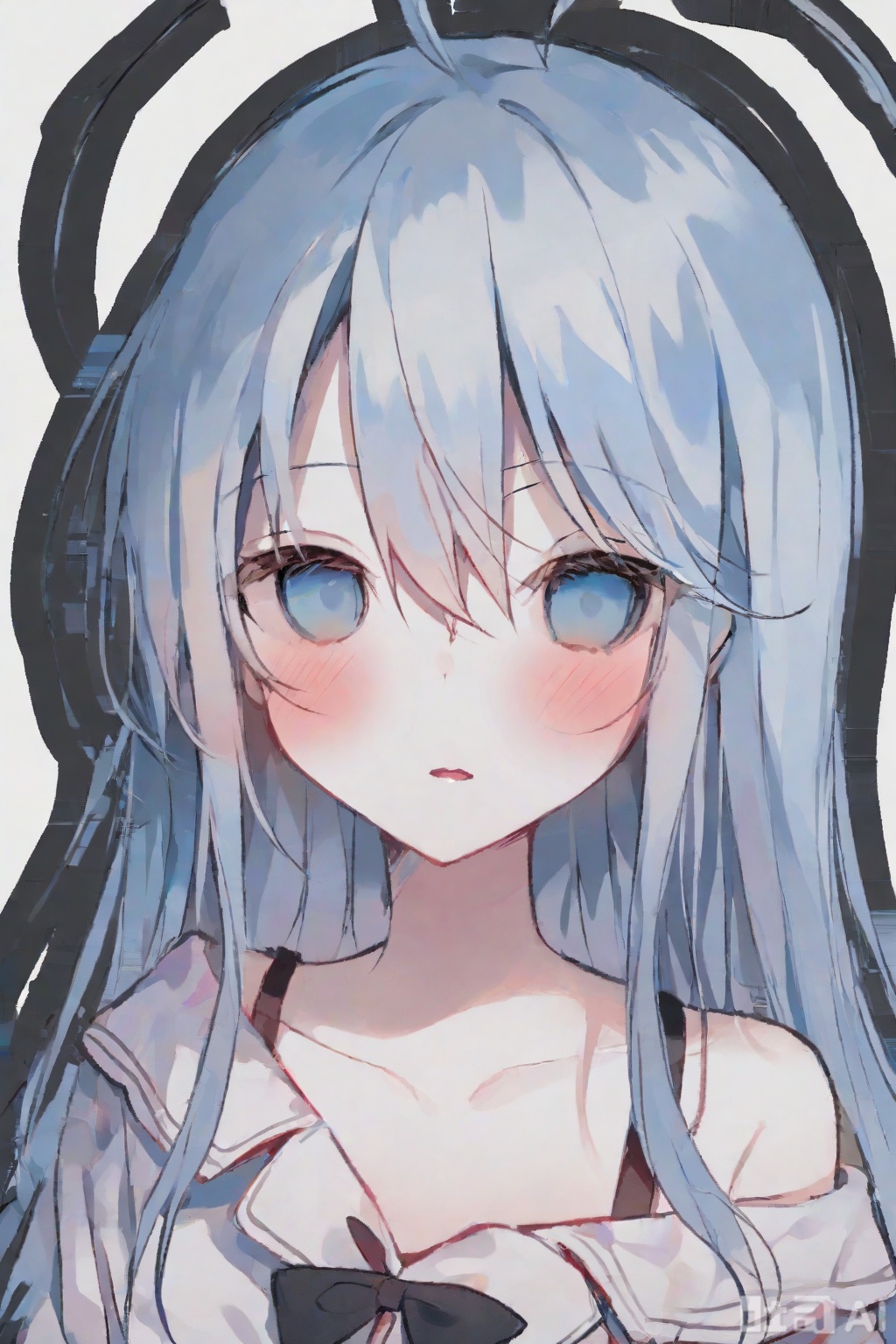1girl, touwa erio, solo, blue eyes, long blue hair, blush, looking at viewer, white shirt, simple white background, bow, exposed collarbone, upper body, parted lips, hair between eyes, off-shoulder, ahoge