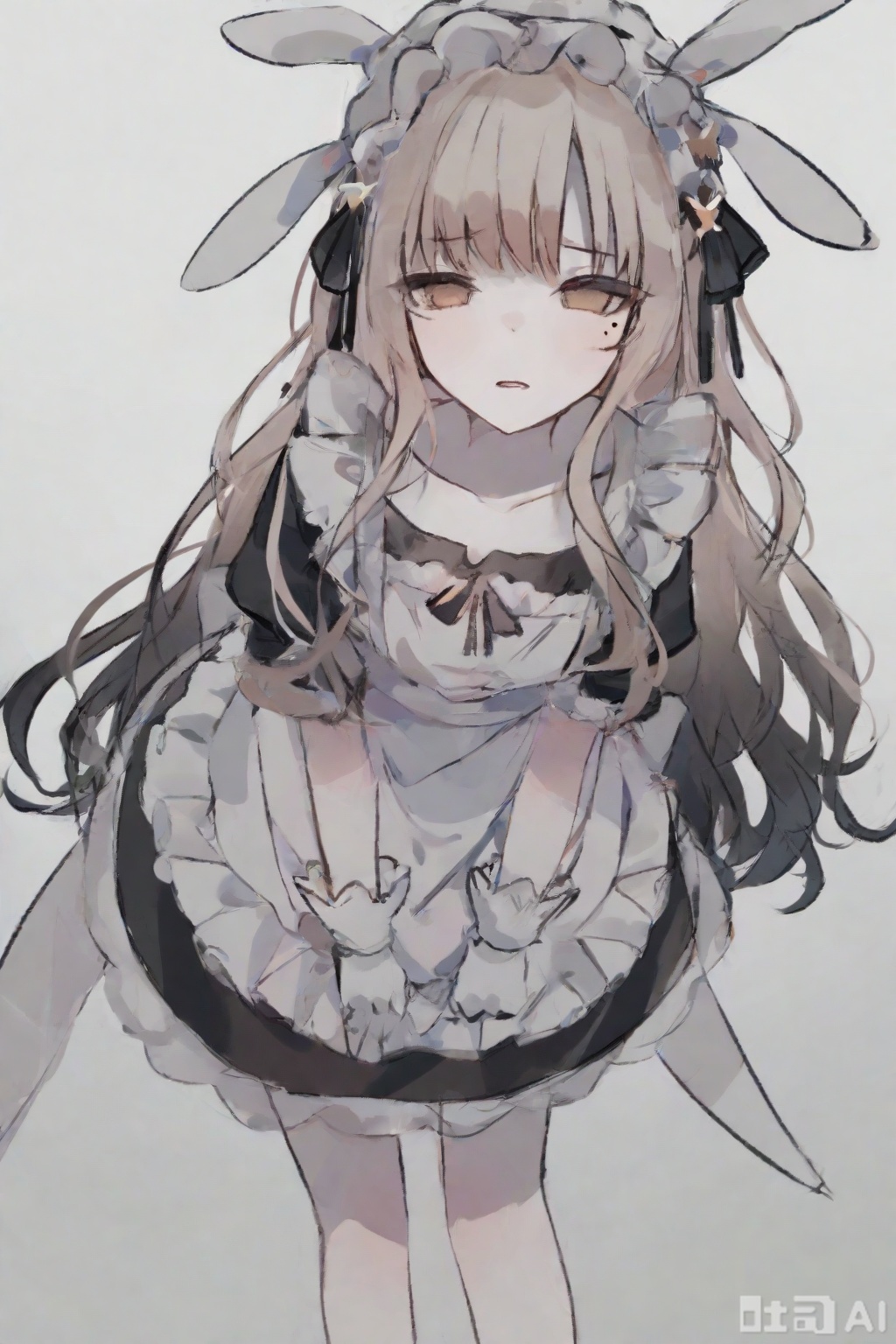 Simple Flat Coloring,sketch,line,simple background,white background,Hoshimi Miyabi,1girl,solo,Character front,maid costumes,gloves,wake,ornament,looking at viewer,black dress,White apron,simple background,rabbit,solo,white gloves,parted lips,collarbone,standing,leaning forward,face detail,masterpiece,best quality,absurdres,very aesthetic,collarbone,mole_under_eye,masterpiece,best quality,amazing quality,very aesthetic,absurdres,newest,gradient hair,