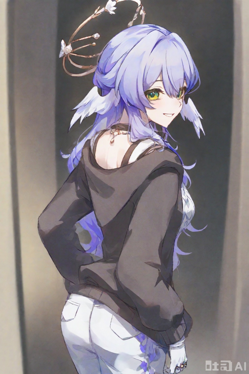 ,masterpiece,facing the lens,best quality,very aesthetic,extremely delicate and beautiful,huge filesize,amazing quality,32K UHD,fashionable,cool and fashionable,(Robin \(honkai: star rail\):1.2),1girl,solo,green eyes,(head wings:1.7),white_gloves,halo,green_eyes,jewelry,smile,looking_back,light,blue hair,purple hair,mid_shot,full_shot,loungewear,pants,sweater,