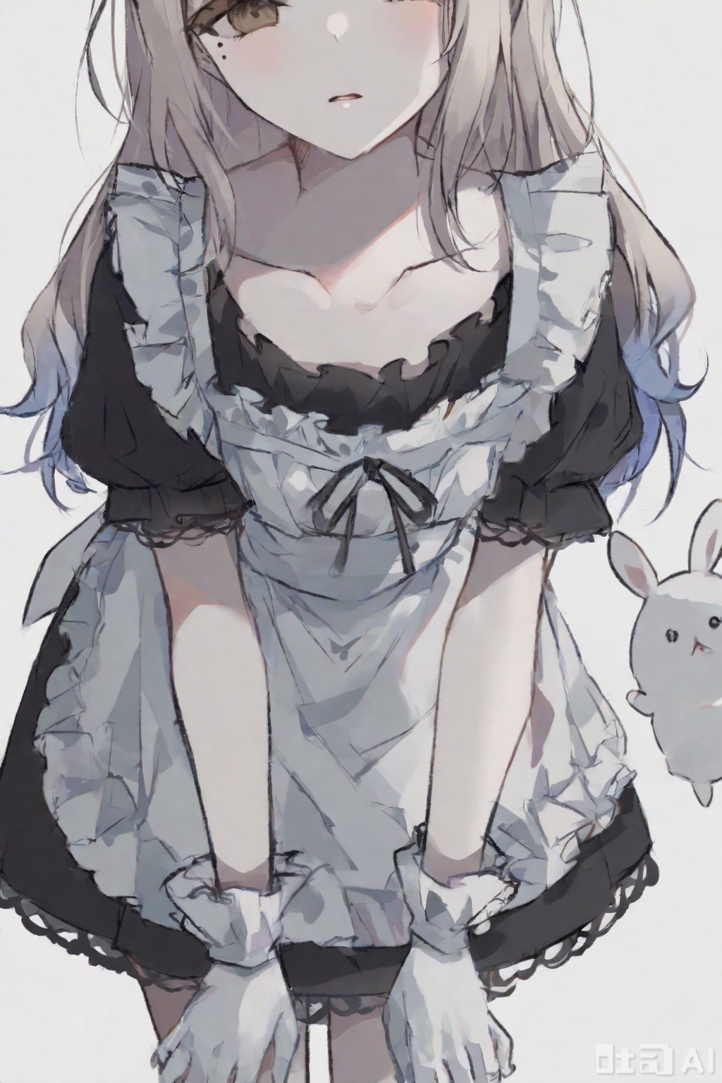 Simple Flat Coloring,sketch,line,simple background,white background,Hoshimi Miyabi,1girl,solo,Character front,maid costumes,gloves,wake,ornament,looking at viewer,black dress,White apron,simple background,rabbit,solo,white gloves,parted lips,collarbone,standing,leaning forward,face detail,masterpiece,best quality,absurdres,very aesthetic,collarbone,mole_under_eye,masterpiece,best quality,amazing quality,very aesthetic,absurdres,newest,gradient hair,
