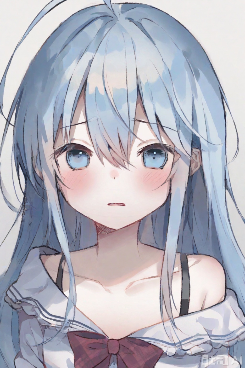1girl, touwa erio, solo, blue eyes, long blue hair, blush, looking at viewer, white shirt, simple white background, bow, exposed collarbone, upper body, parted lips, hair between eyes, off-shoulder, ahoge