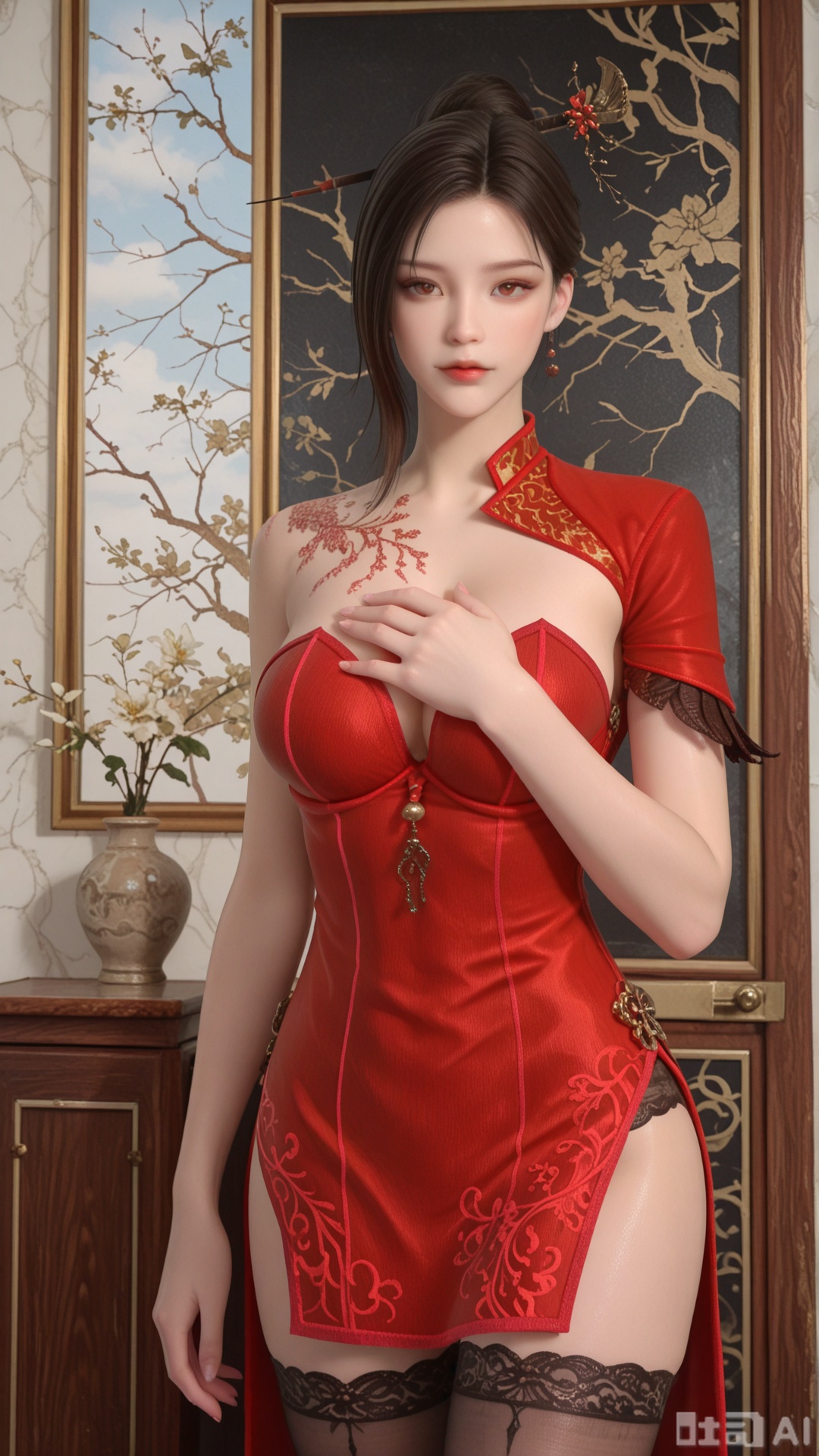 1girl, solo, brown eyes, YY clothes, covering cleavage, exquisite skin, cowboy_shot, standing, sheer_legwear, looking at viewer, even illumination, very awa, Solid Glossy and cloud background,