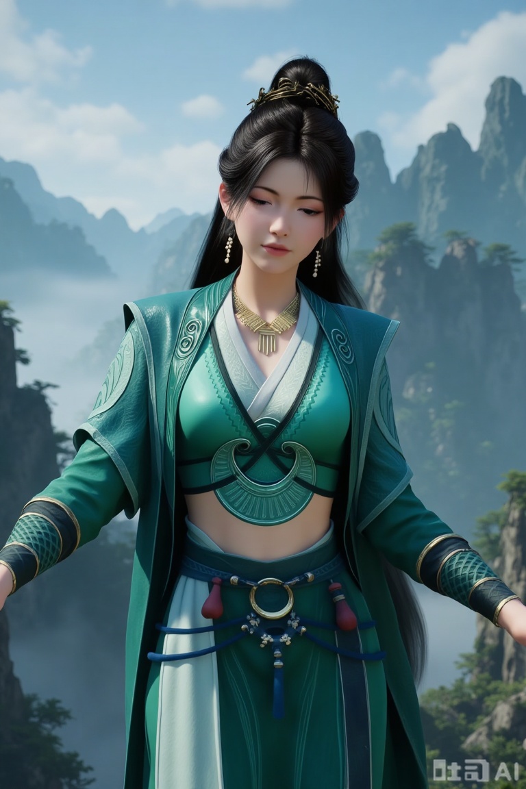 1girl

solo

long hair

black hair

hair ornament

dress

jewelry

ponytail

outdoors

sky

necklace


chinese clothes


green dress

mountain

mpl,3d_character_mpl