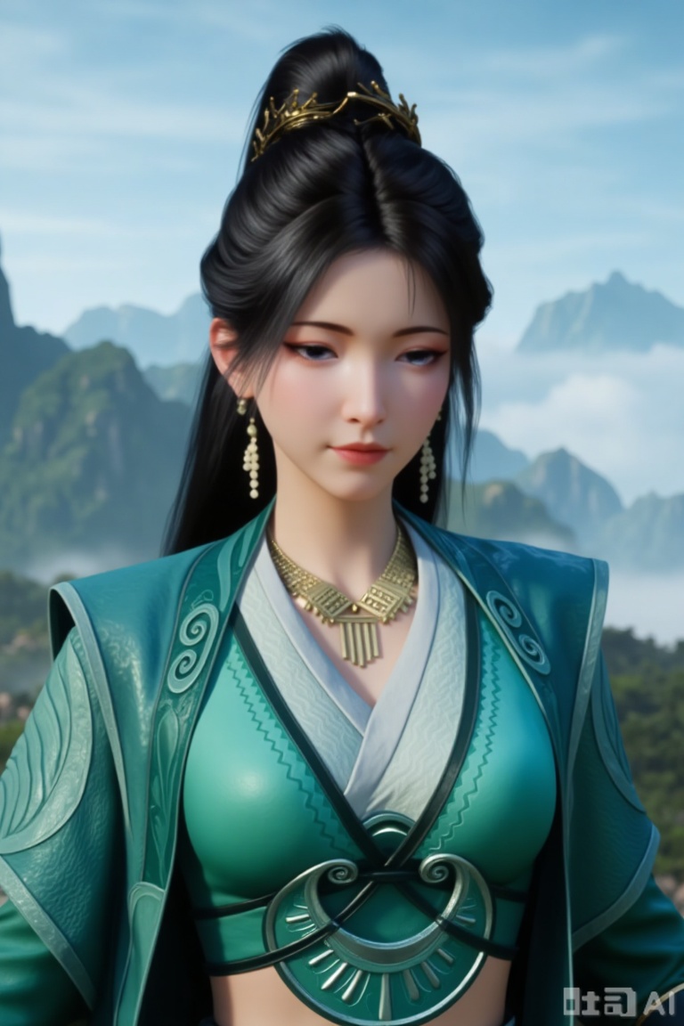 1girl

solo

long hair

black hair

hair ornament

dress

jewelry

ponytail

outdoors

sky

necklace


chinese clothes


green dress

mountain

mpl,3d_character_mpl